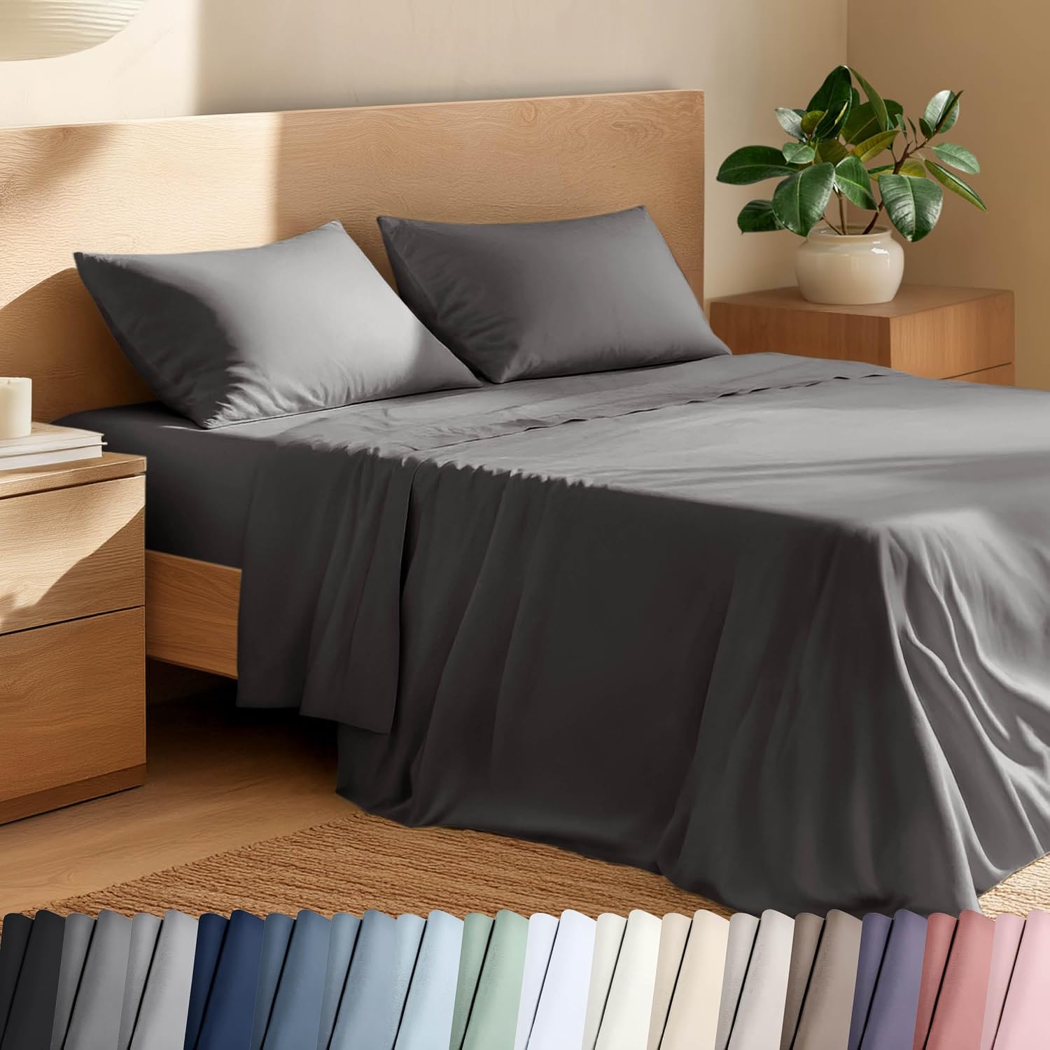 Bare Home 100% Organic Cotton Split King Sheet Set - Crisp Percale Weave - Lightweight & Breathable - Bedding Sheets & Pillowcases (Split King, Grey)