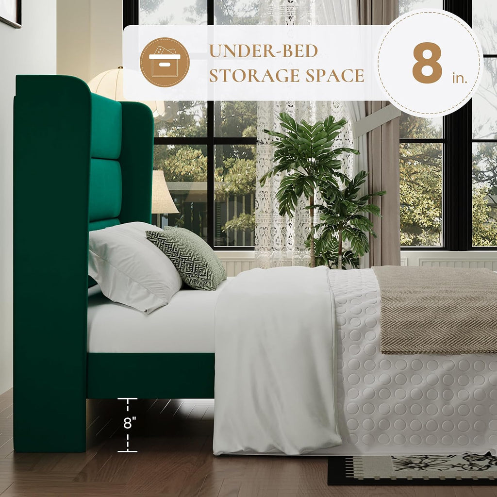 SHA CERLIN King Size Velvet Bed Frame with Wingback Headboard/Upholstered Platform Bed with Wooden Slats/Mattress Foundation/No Box Spring Needed/Easy Assembly/Green