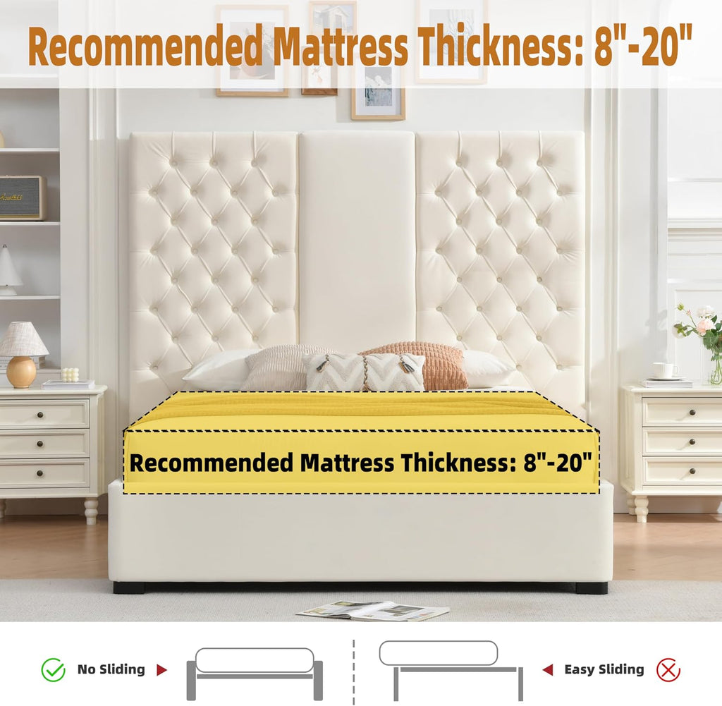 Queen Size Bed Frame with 63' Tall Headboard, Velvet Fabric Upholstered Platform Bed with 2 Large Storage Drawers, Deep Button Tufted, Wooden Slats, Easy Assembly, No Box Spring Needed, Cream