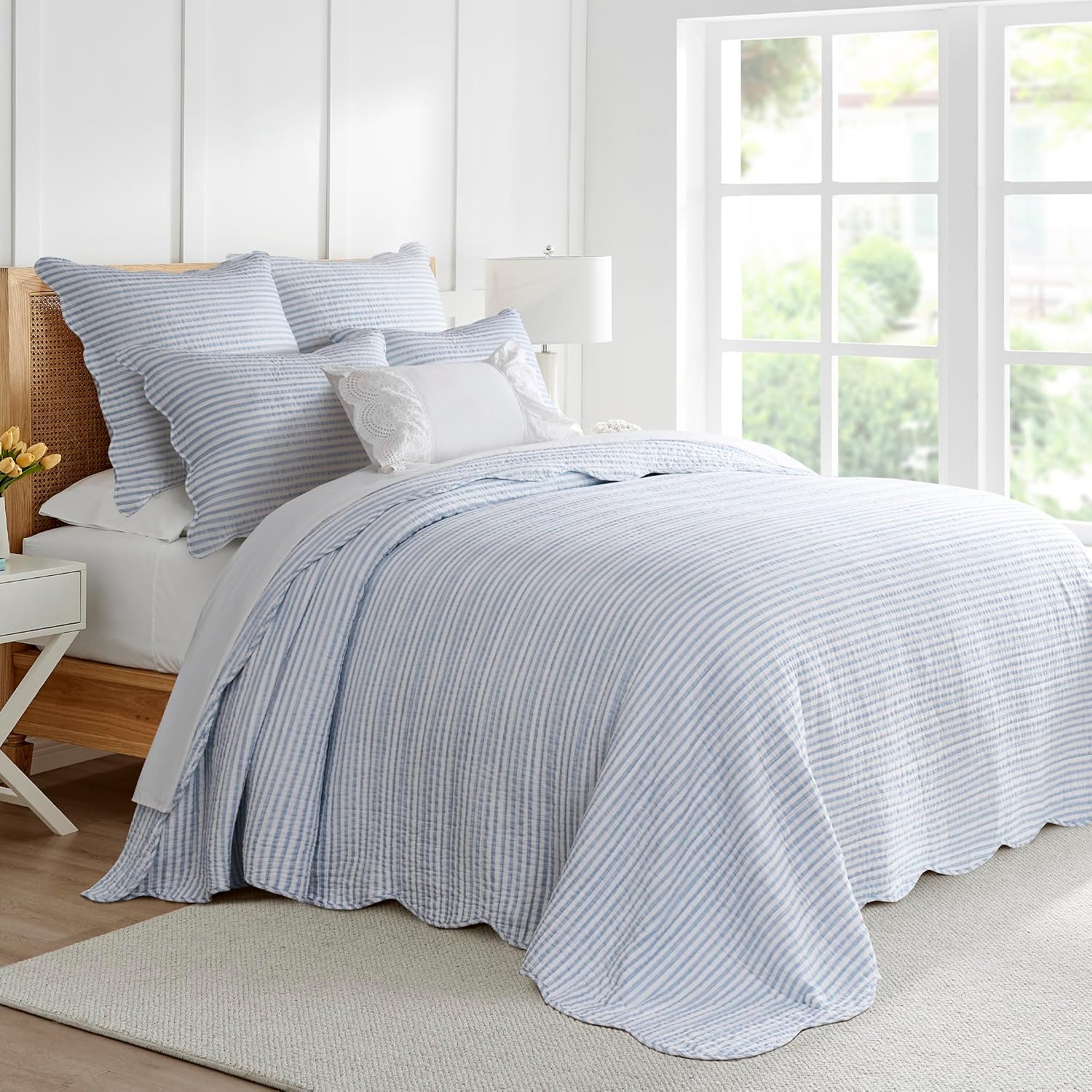 Levtex Home Martha Stripe Blue Reversible Full Bedspread Set (96x106in) with 2 Pillow Shams (26x20in) - Stripe Bedding - Blue, White - Cotton Full Size Bedspread Bedding Set - Lightweight, Soft
