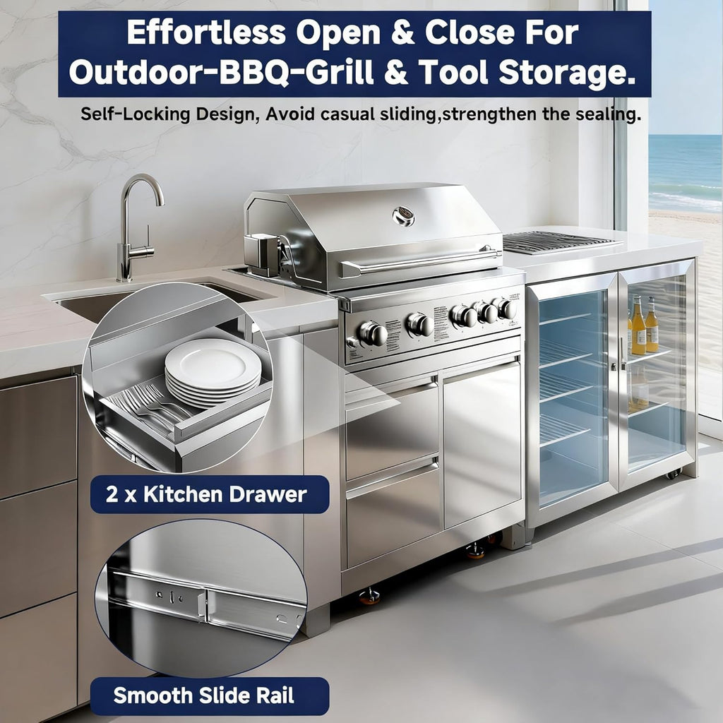 BODEGA Outdoor Stainless-Steel Kitchen Drawers Cabinet For Built-in BBQ Grill .Stainless-Steel outdoor kitchen grill cabinet with 2 Drawers and Propane Tank Storage,(Fits 30'-MK04SS304 Propane Grill).