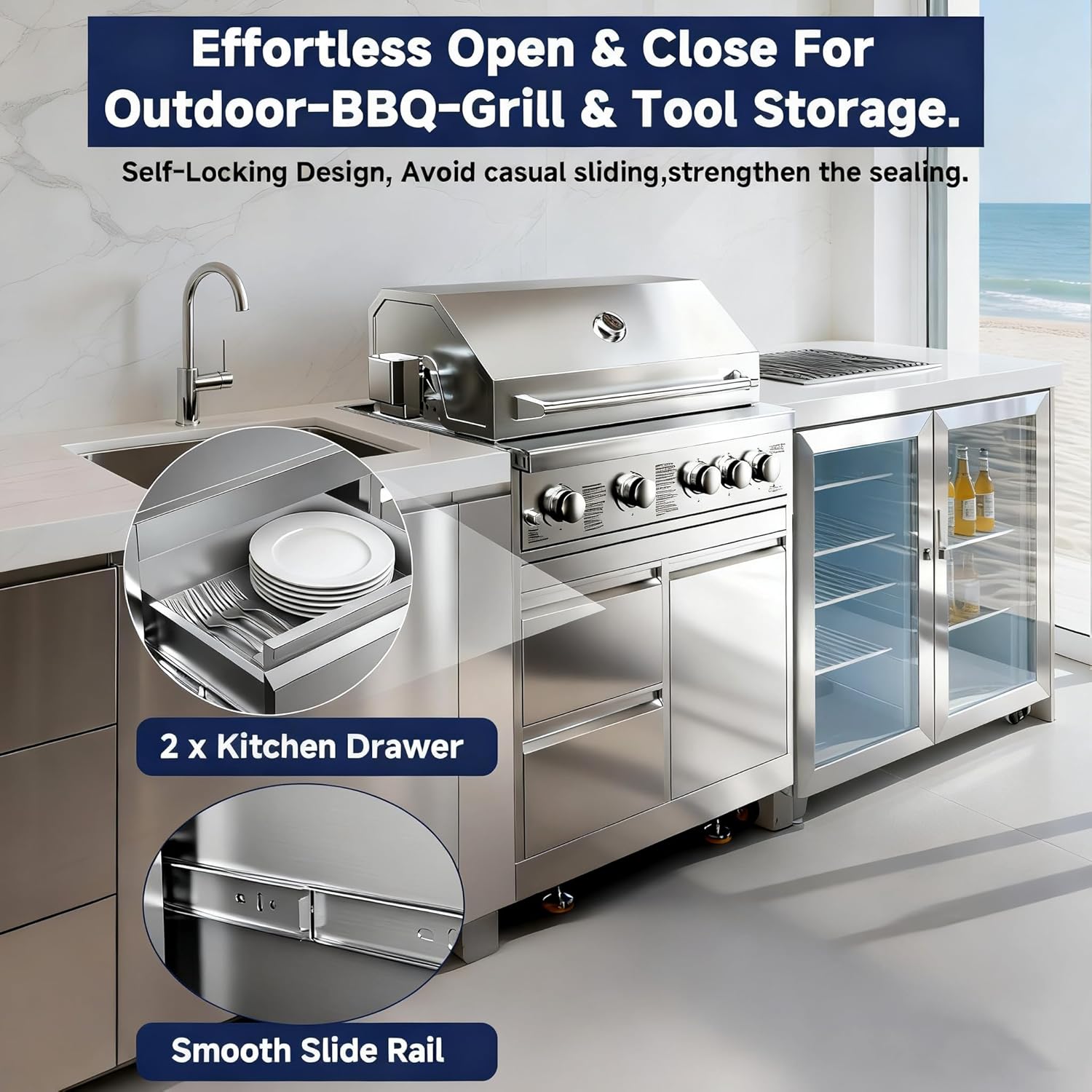 BODEGA Outdoor Stainless-Steel Kitchen Drawers Cabinet For Built-in BBQ Grill .Stainless-Steel outdoor kitchen grill cabinet with 2 Drawers and Propane Tank Storage,(Fits 30'-MK04SS304 Propane Grill).