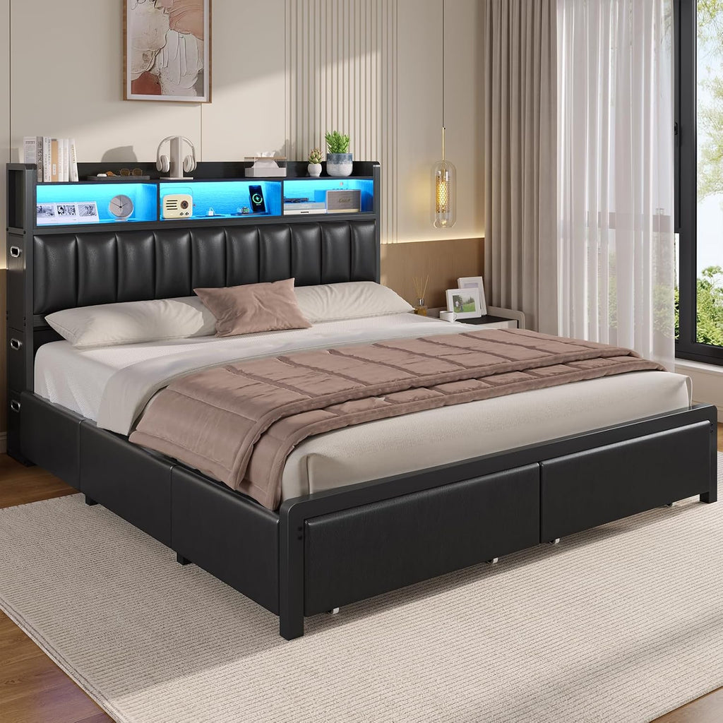 ADORNEVE California King Bed Frame with 10 Storage Drawers & RGB Bookcase Headboard, PU Upholstered Cal King Bed with Charging Station, Heavy Duty Metal Slats, No Box Spring Needed, Black