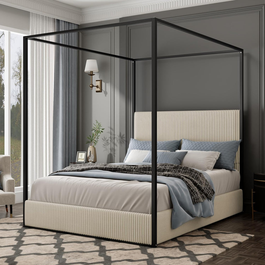 King Size Canopy Bed with Tall Upholstered Channel Headboard, Metal 4 Poster Upholstered Bed, No Box Spring Needed (Black+Cream, King//)