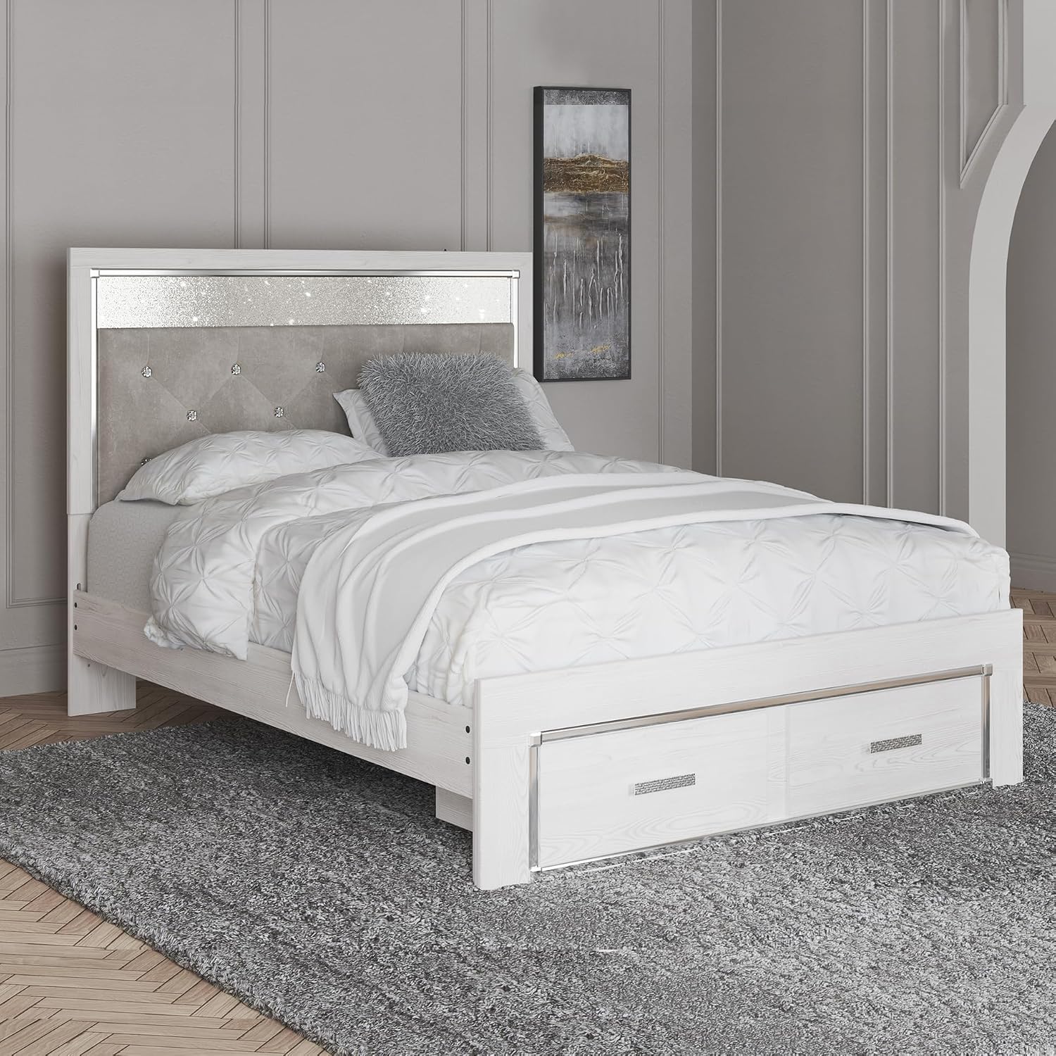 Signature Design by Ashley Altyra Contemporary Adjustable Tufted Queen Upholstered Storage Platform Bed with LED Lights and 2 Drawers, Foundation or Box Spring Not Needed, White & Gray