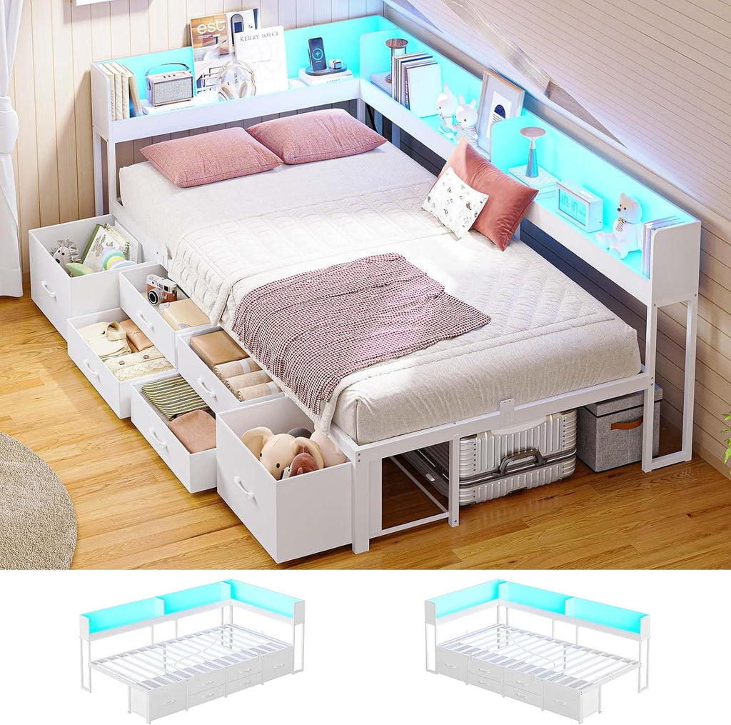 MSmask 14 Inch Corner Bed Frame with Bookcase Storage, Twin XL Daybed with 6 Drawers, Charging Station and LED Light, Twin XL Size Metal Platform Bed Frame for Kids Teenagers, White