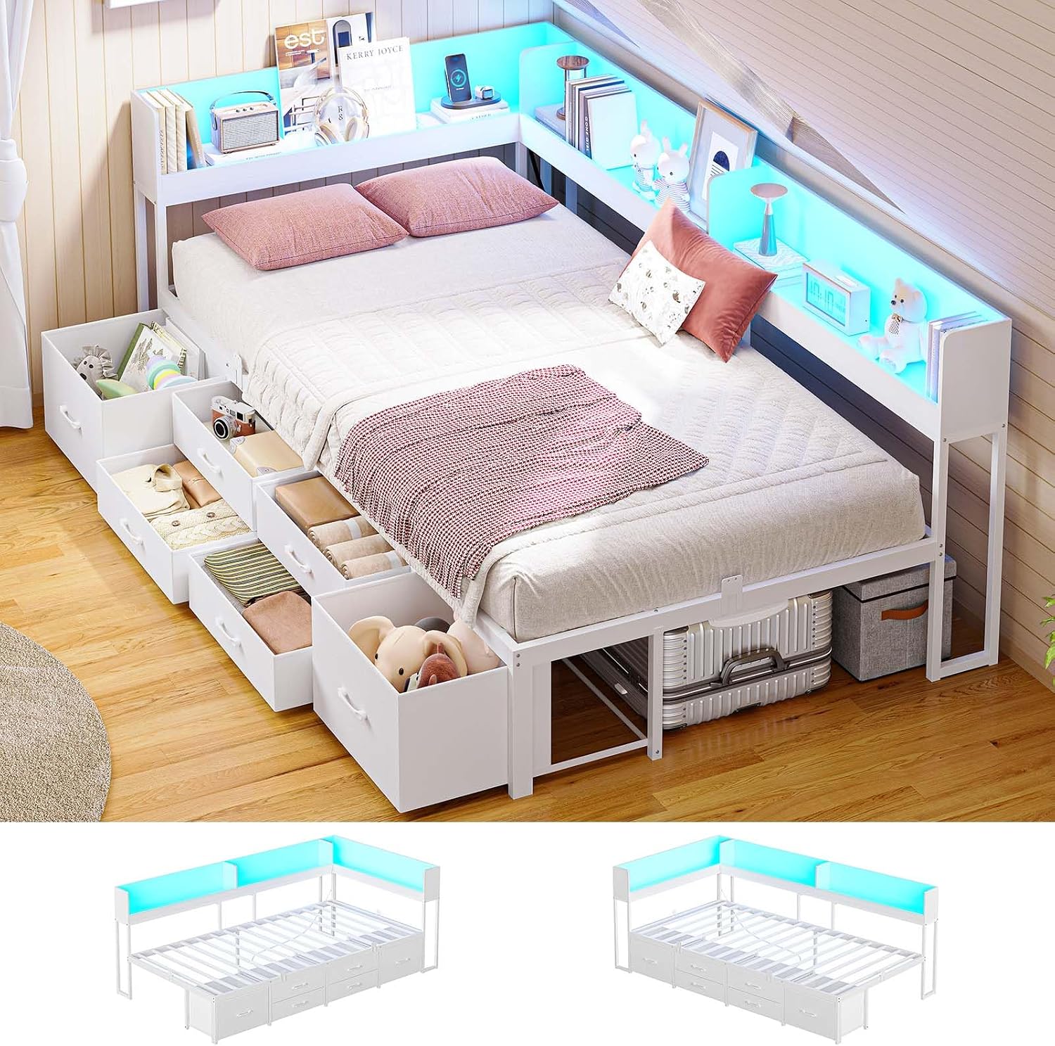 MSmask 14 Inch Corner Bed Frame with Bookcase Storage, Twin XL Daybed with 6 Drawers, Charging Station and LED Light, Twin XL Size Metal Platform Bed Frame for Kids Teenagers, White
