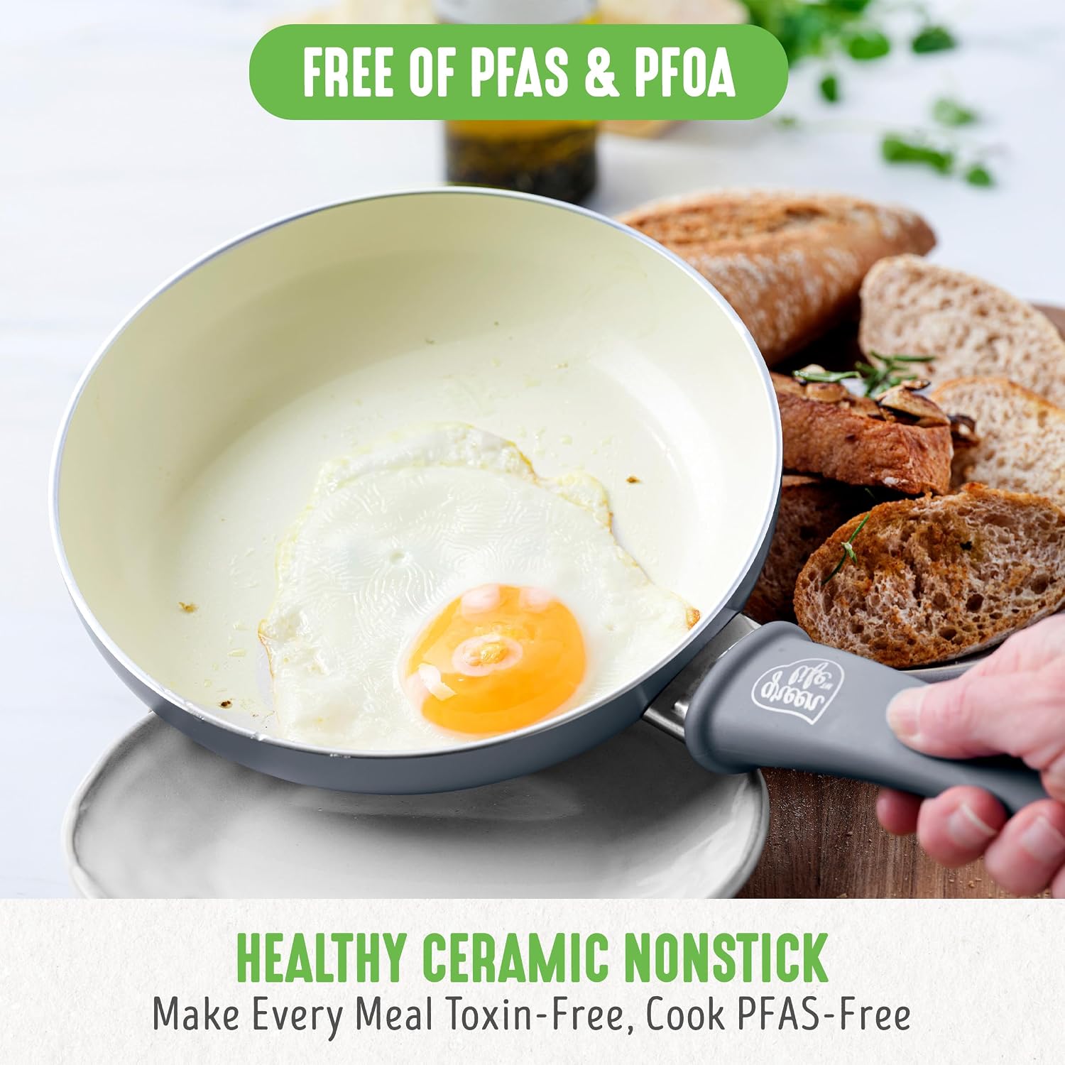 GreenLife Soft Grip Healthy Ceramic Nonstick 18 Piece Kitchen Cookware Pots and Frying Sauce Saute Pans Set, PFAS-Free with Kitchen Utensils and Lid, Dishwasher Safe, Gray