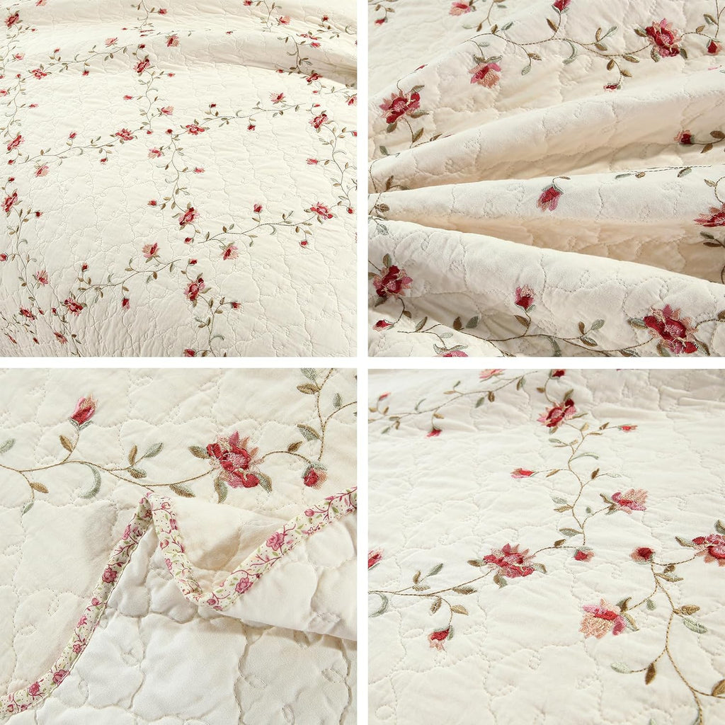 vctops 3-Piece Floral Embroidered Bedspread Coverlet Set King Size 100% Cotton Reversible Patchwork 1 Quilt and 2 Pillow Shams (Flower,King)