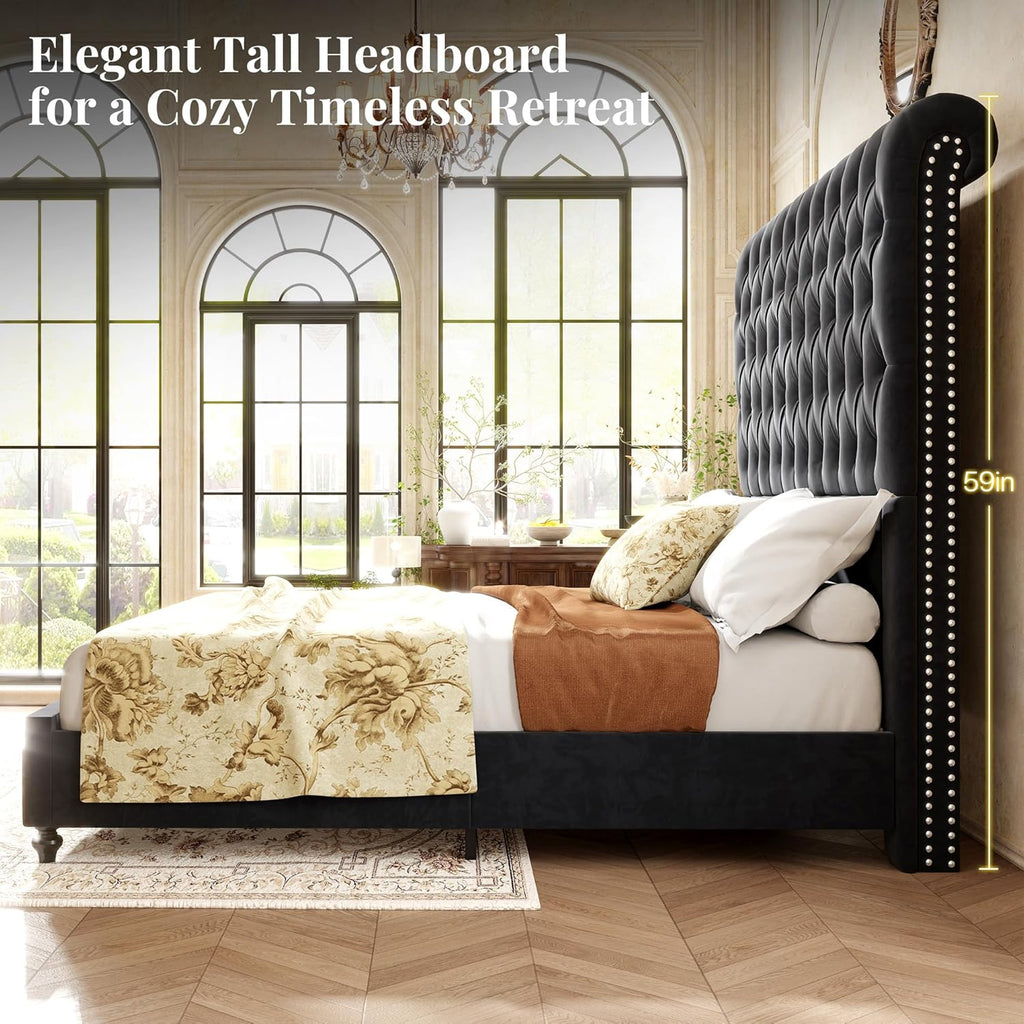 Jocisland King Size Bed Frame with 59' Tall Upholstered Headboard, Luxury Velvet Bed with Handcrafted Deep-Tufted Design and Solid Wood Legs, Noise-Free, No Box Spring Needed,Black