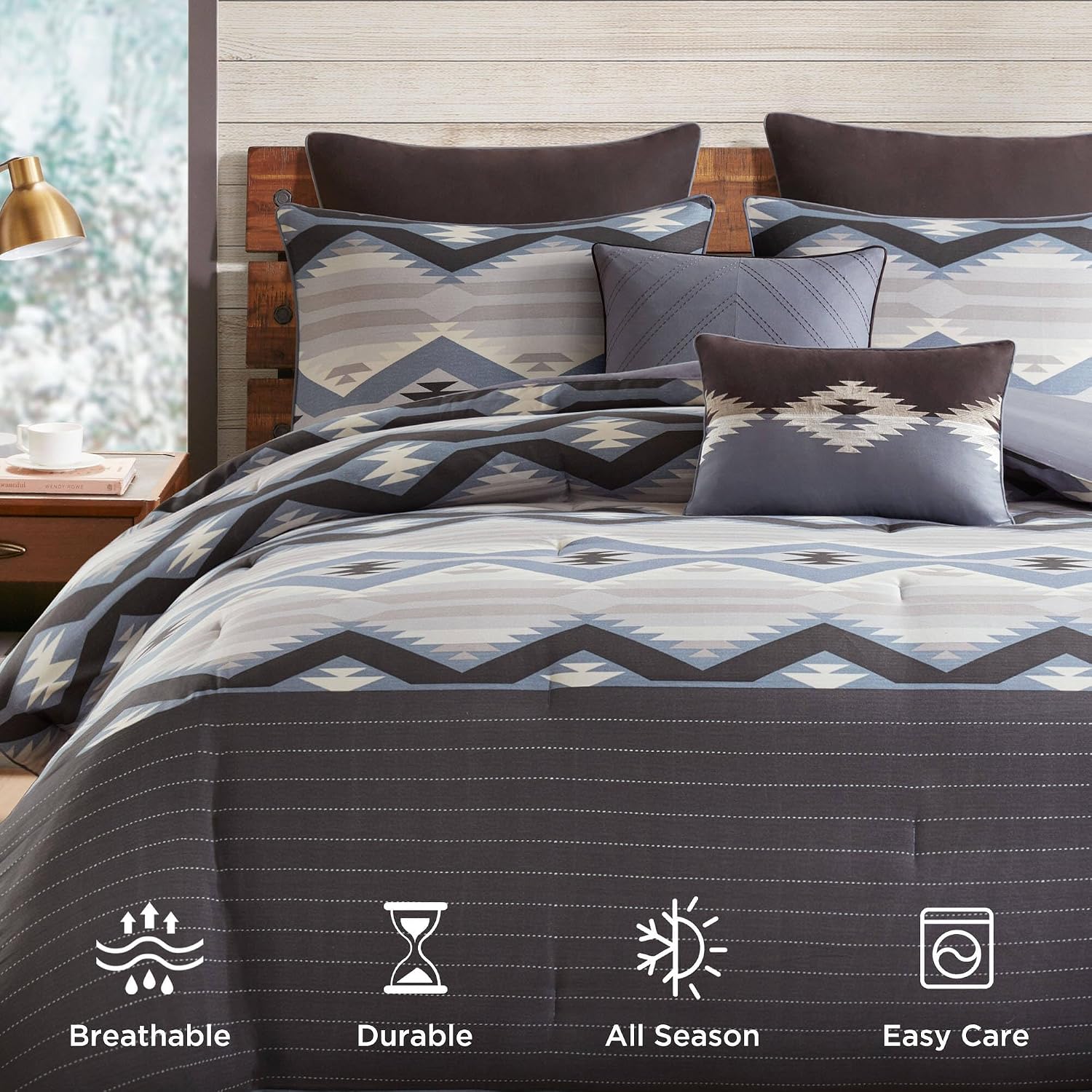 Woolrich Queen Comforter Set, Southwestern Aztec 8 Piece Bedding Set, Oversized All Season Down Alternative Comforter with Shams, Euro Shams, Decorative Pillows & Bedskirt, Rustic Cabin, Blue