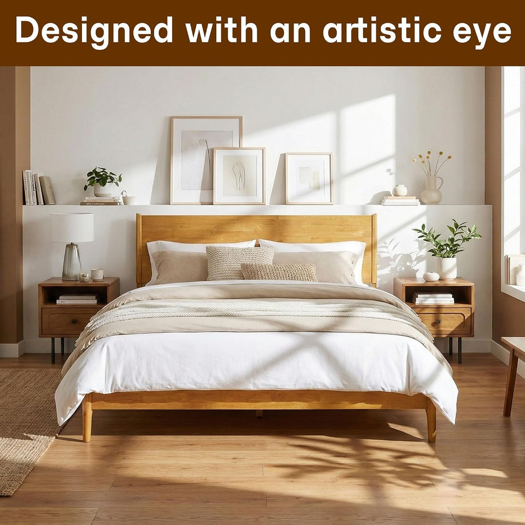 Acacia Haven King Size Bed Frame and Headboard, Solid Wood Platform Bed Frame Scandinavian Bed Compatible with All Mattress Types, No Box Spring Needed, 800lbs Wood Slats Support, Natural Oak