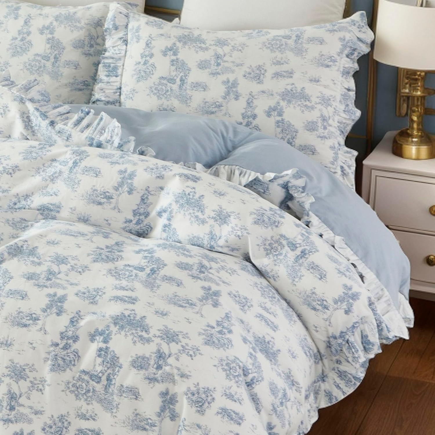 Brandream French Country Toile Queen Duvet Cover Set for Girl Women Bedroom Vintage Blue Toile Floral Print 100% Cotton Duvet Quilt Comforter Cover Pillow Shams Set with Delicate Ruffle Fringe
