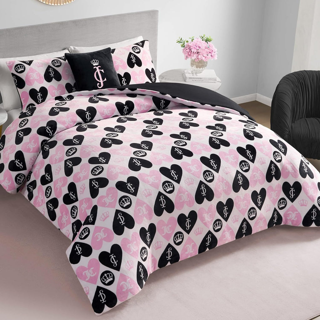Juicy Couture Plush Reversible Queen Heart Logo 3-Piece Twin/Twin XL Comforter Set with Decorative Pillow, Pink