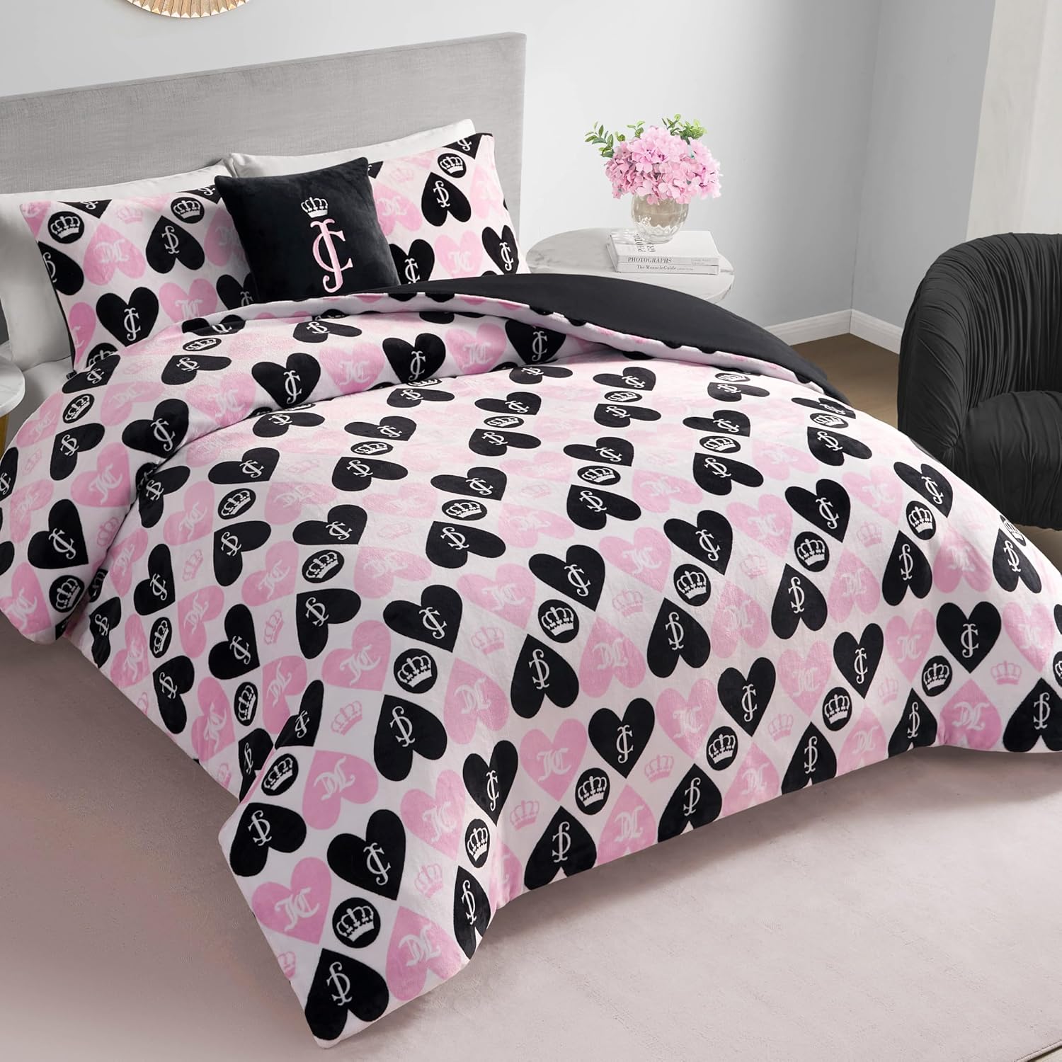 Juicy Couture Plush Reversible Queen Heart Logo 3-Piece Twin/Twin XL Comforter Set with Decorative Pillow, Pink