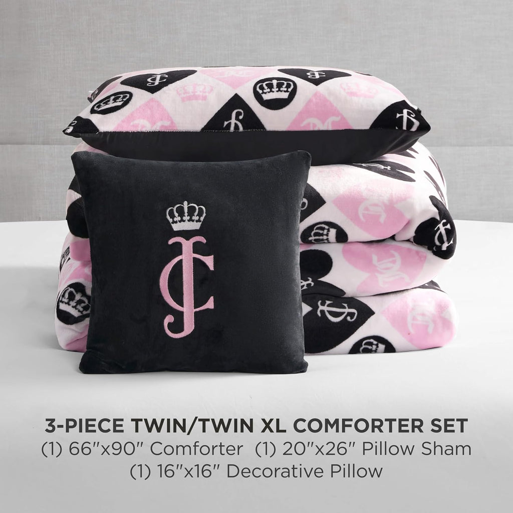 Juicy Couture Plush Reversible Queen Heart Logo 3-Piece Twin/Twin XL Comforter Set with Decorative Pillow, Pink