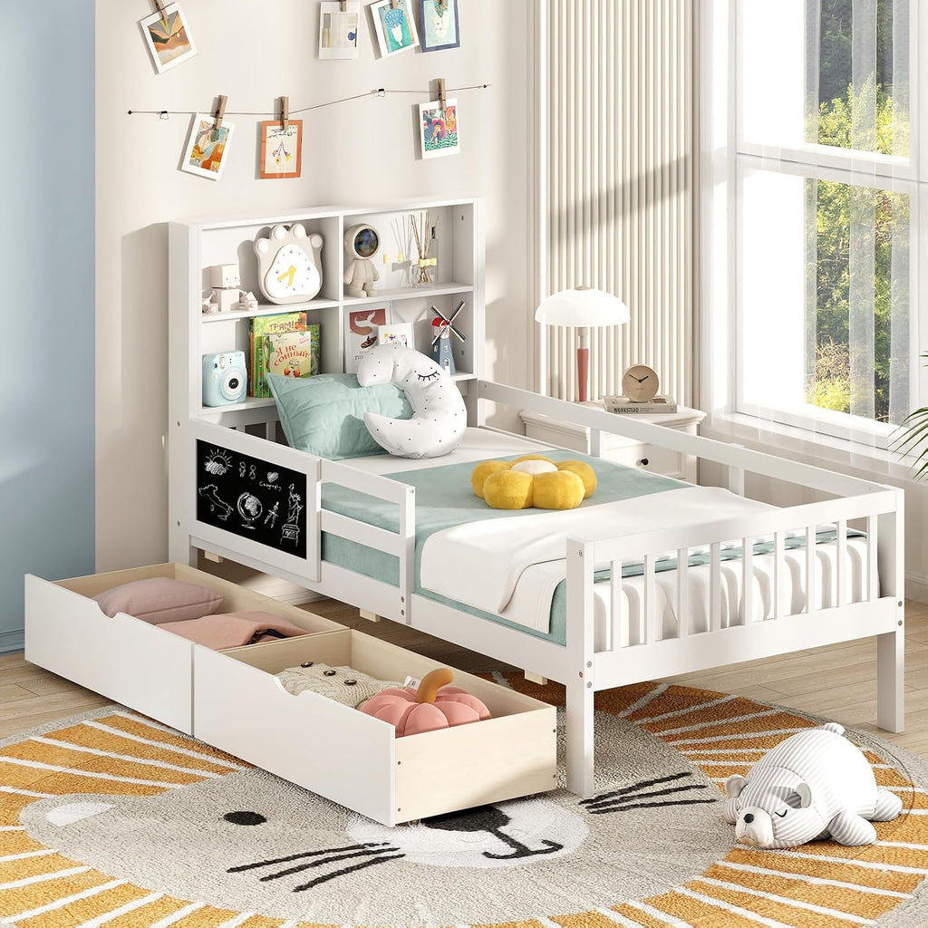 Giantex Twin Bed with 2 Storage Drawers, Solid Wood Kids Bed Frame w/Bookcase Headboard & Blackboard, Full-Length Guardrails & Wooden Slats Support, Twin Bed Frames for Kids Boys Girls, White
