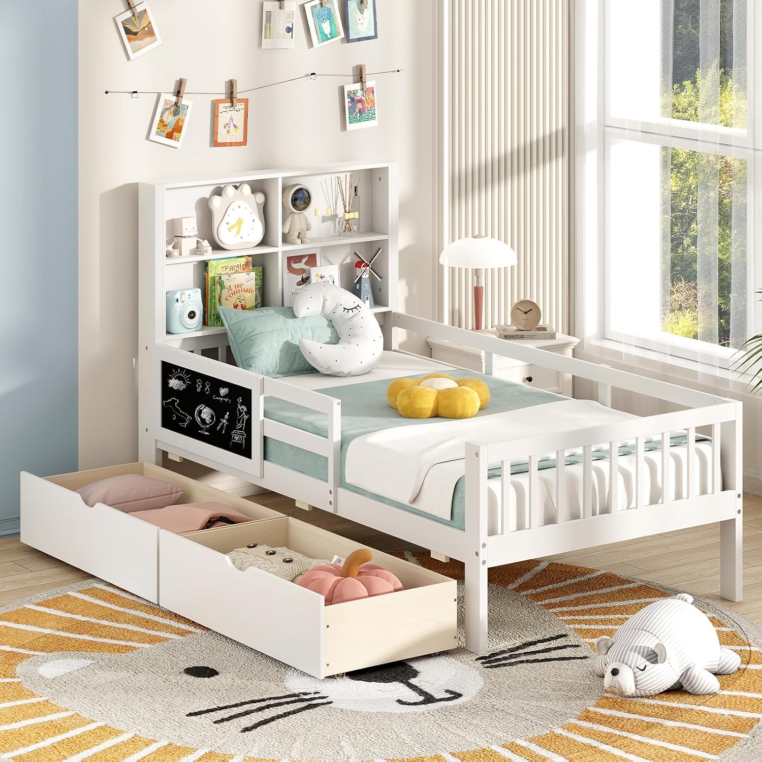 Giantex Twin Bed with 2 Storage Drawers, Solid Wood Kids Bed Frame w/Bookcase Headboard & Blackboard, Full-Length Guardrails & Wooden Slats Support, Twin Bed Frames for Kids Boys Girls, White