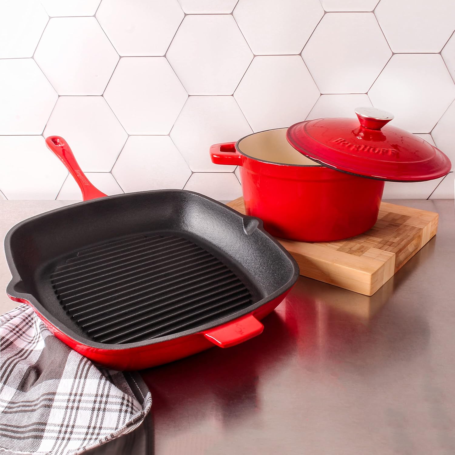 BergHOFF 3Pc Neo Enameled Cast Iron Cookware Set, 3qt. Dutch Oven, Matching Lid, Square Grill Pan 11 Inches, Oven Safe Up To 400°F, Red