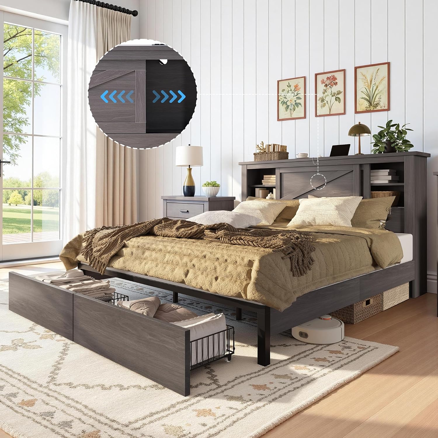 AMERLIFE 47.2' H Queen Bed Frame with Hidden Space Bookcase Headboard and Charging Station, Beds with 2 Storage Drawers and Wood Slats, No Box Spring Needed, Grey