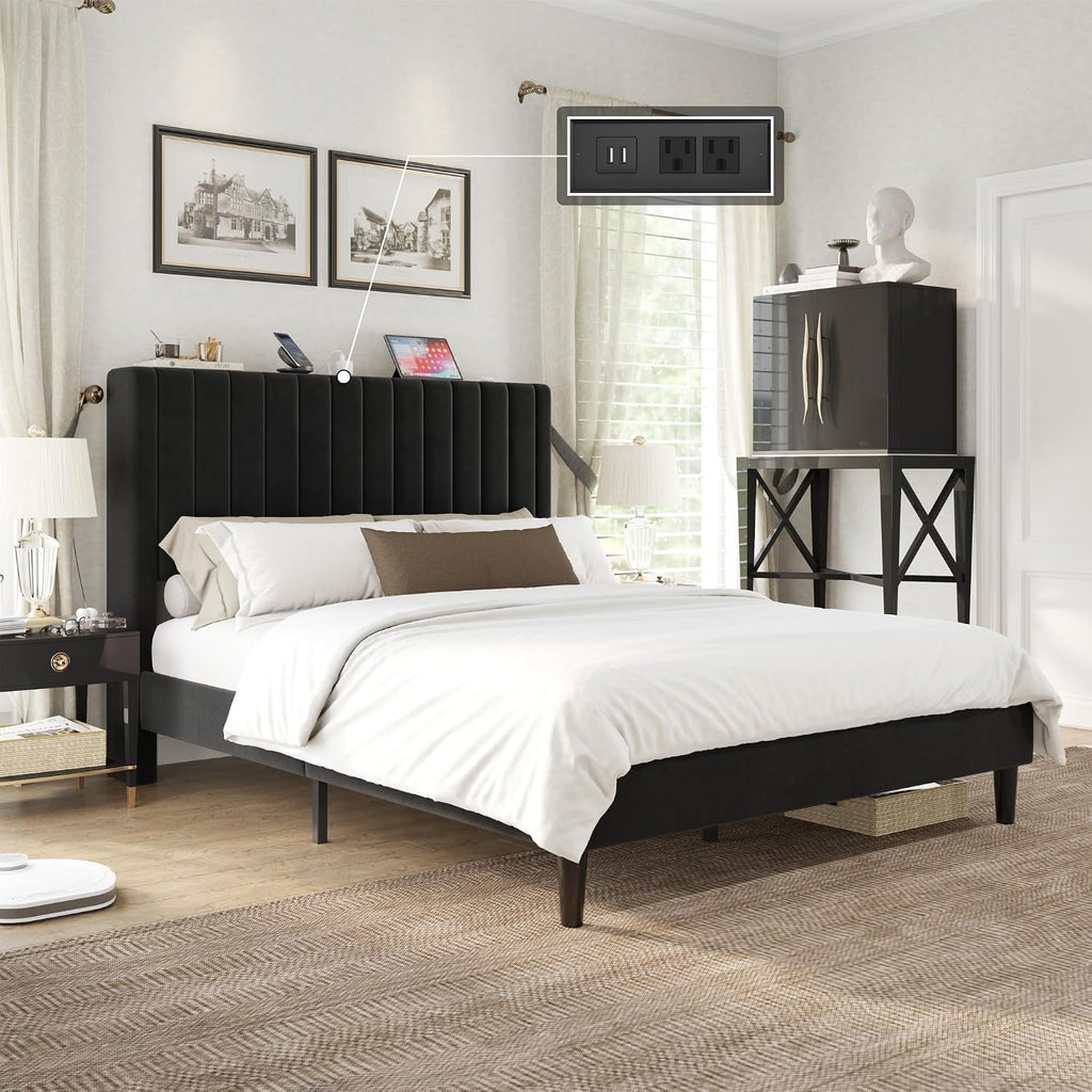 VanAcc Queen Size Bed Frame, Velvet Upholstered Platform Bed with Channel Tufted Headboard, Mattress Foundation with Wood Slats, No Box Spring Needed, Noise Free, Black