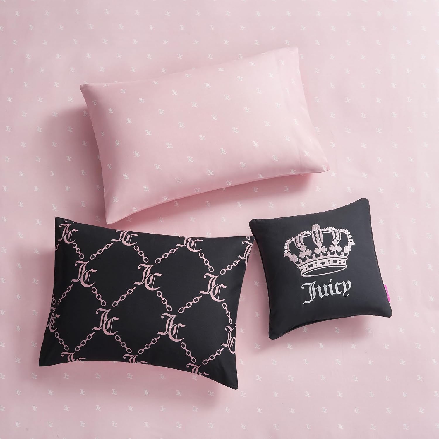 Juicy Couture Black Link Logo Printed Comforter Set, Twin – Complete 6-Piece Bed in a Bag Collection