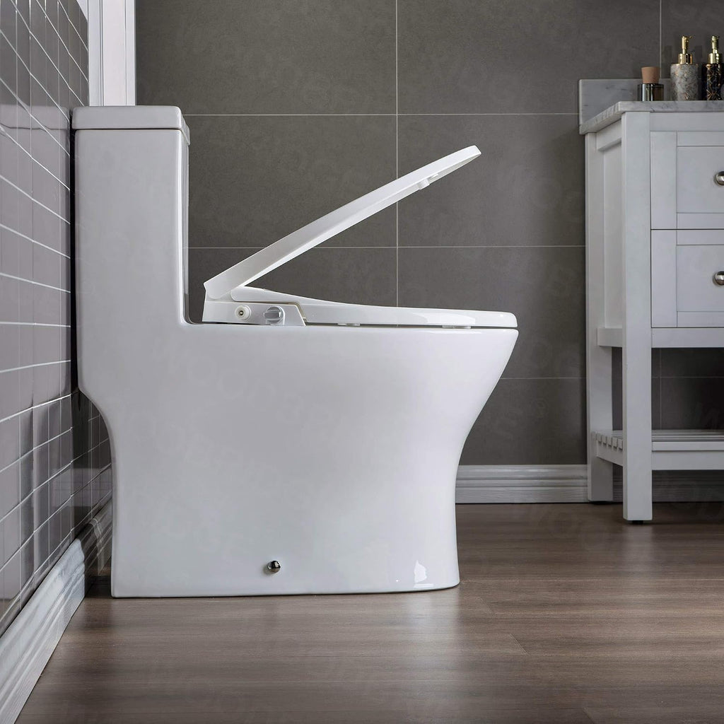 WOODBRIDGE T-0045 Modern One Piece Elongated High Effiency Toilet with Manual Operated Soft-Closed Bidet Seat, White