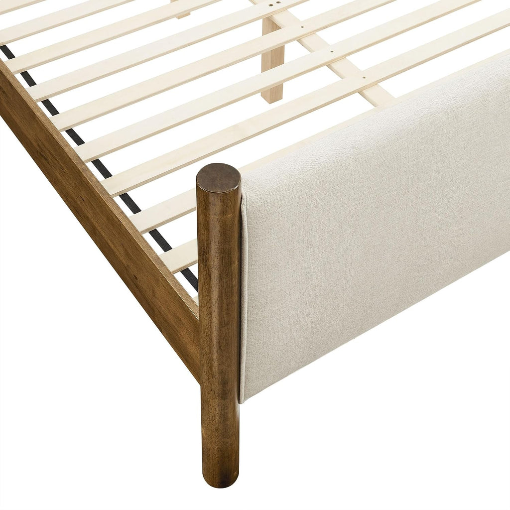Modway Maven King Size Bed Frame in Ivory Walnut with Upholstered Fabric Headboard and Footboard – Wood King Platform Bed Frame – No Box Spring Needed