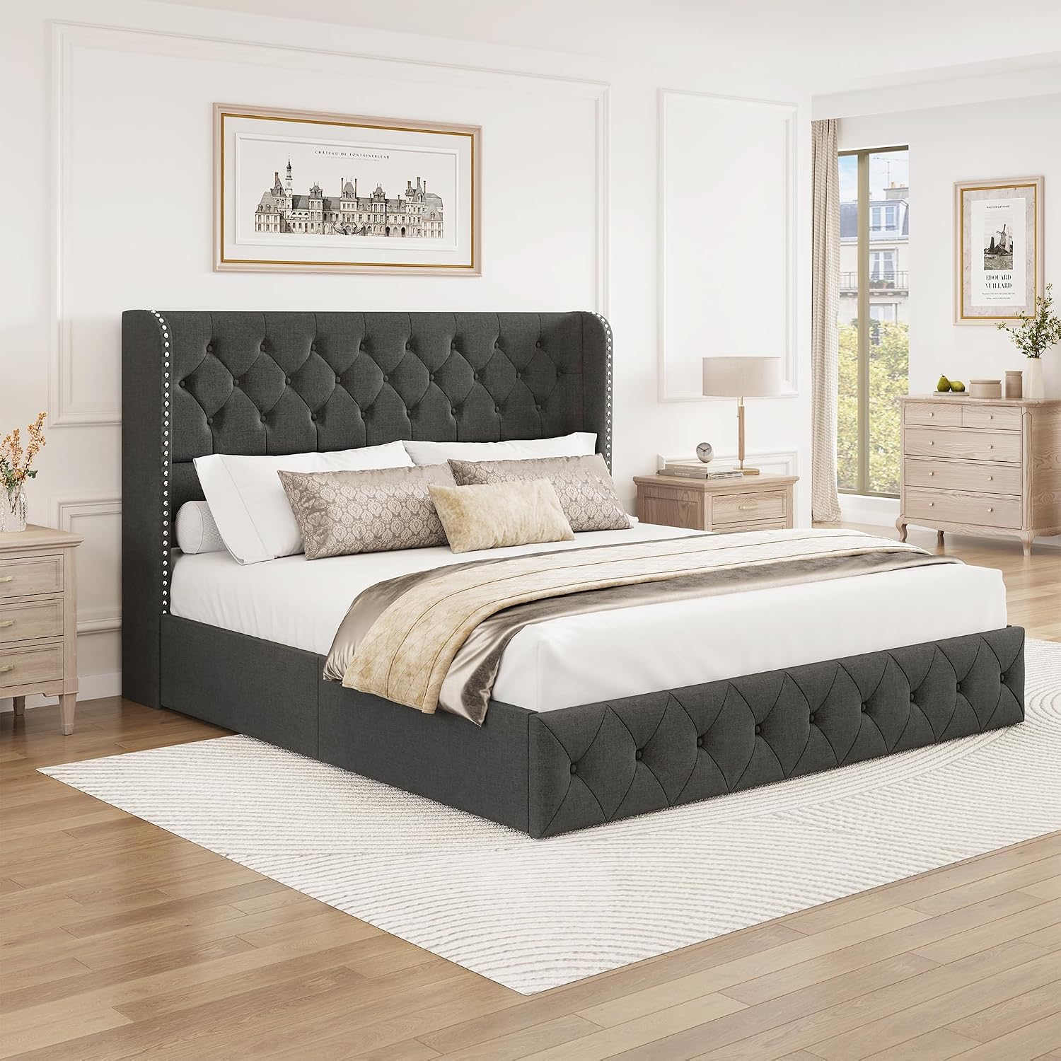 BRELTAM King Size Bed Frame with Storage Drawers and Wingback Headboard Linen Upholstered Platform Bed Frame Tufted Beds with Heavy Duty Wood Slats, Noise Free, Easy Assembly, Dark Grey