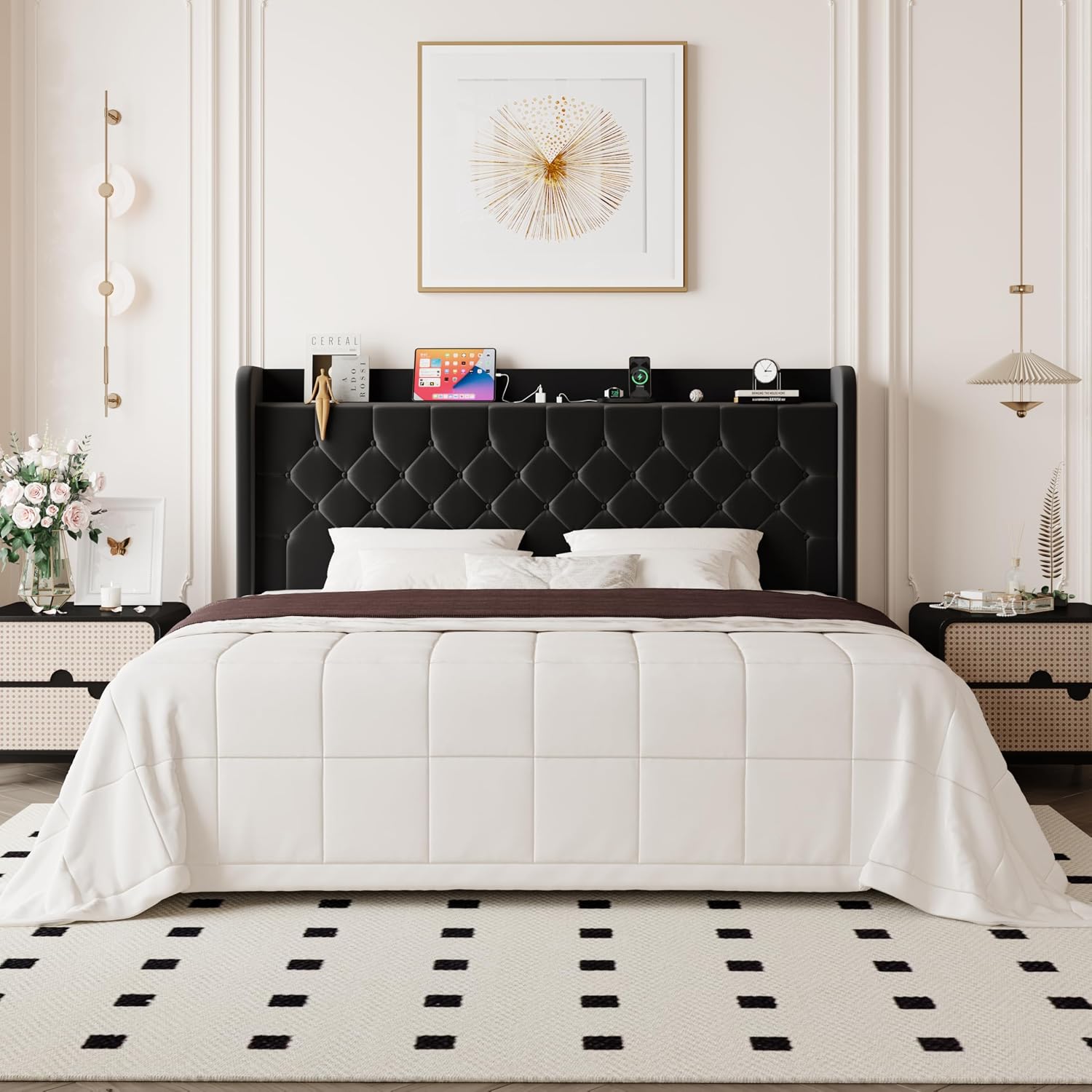 Allewie King Size Bed Frame, Storage Headboard with Charging Station, Wingback Velvet Upholstered, Diamond Stitched Button Tufted, Sturdy Wooden Slats, No Box Spring Needed, Easy Assembly, Black