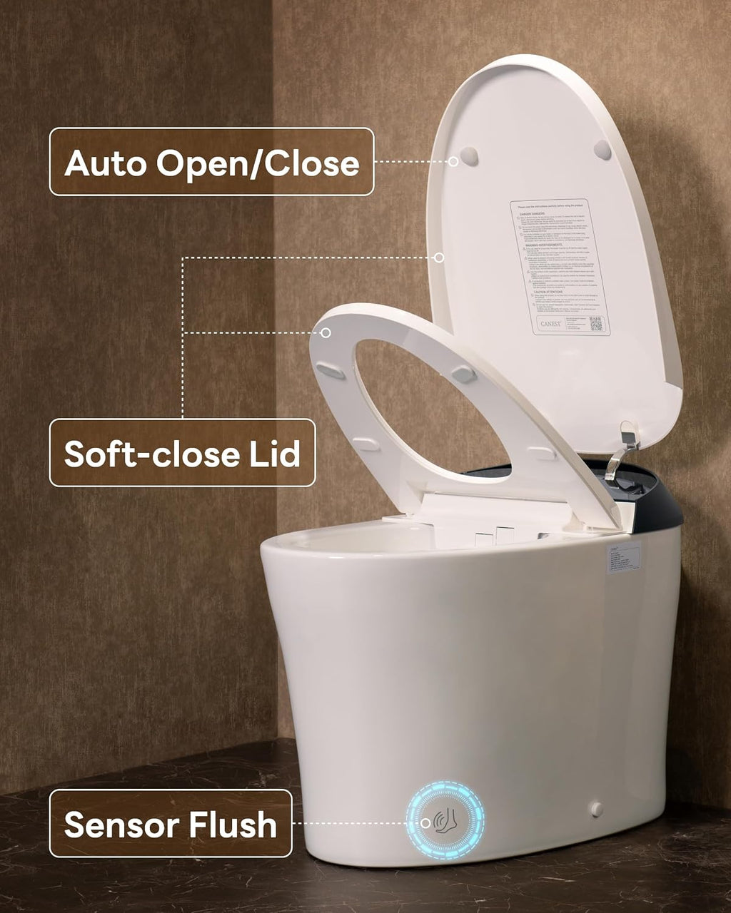 CANEST Smart Toilet with Foam Shield, 17.5' ADA Chair Height, 1.1/1.6GPF Dual-Flush Bidet Toilet, 12' Rough-in, One Piece Toilet, Auto Open/Close, Instant Hot Water, Eco Mode, Deodorization