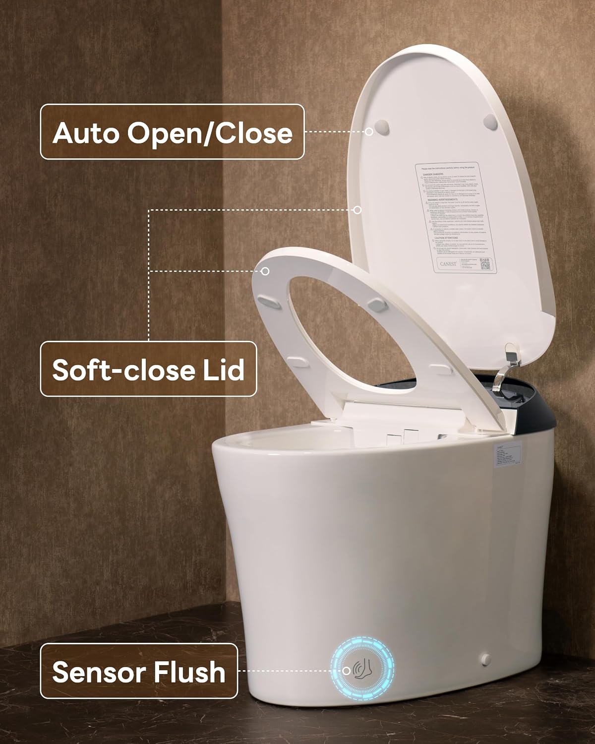 CANEST Smart Toilet with Foam Shield, 17.5' ADA Chair Height, 1.1/1.6GPF Dual-Flush Bidet Toilet, 12' Rough-in, One Piece Toilet, Auto Open/Close, Instant Hot Water, Eco Mode, Deodorization