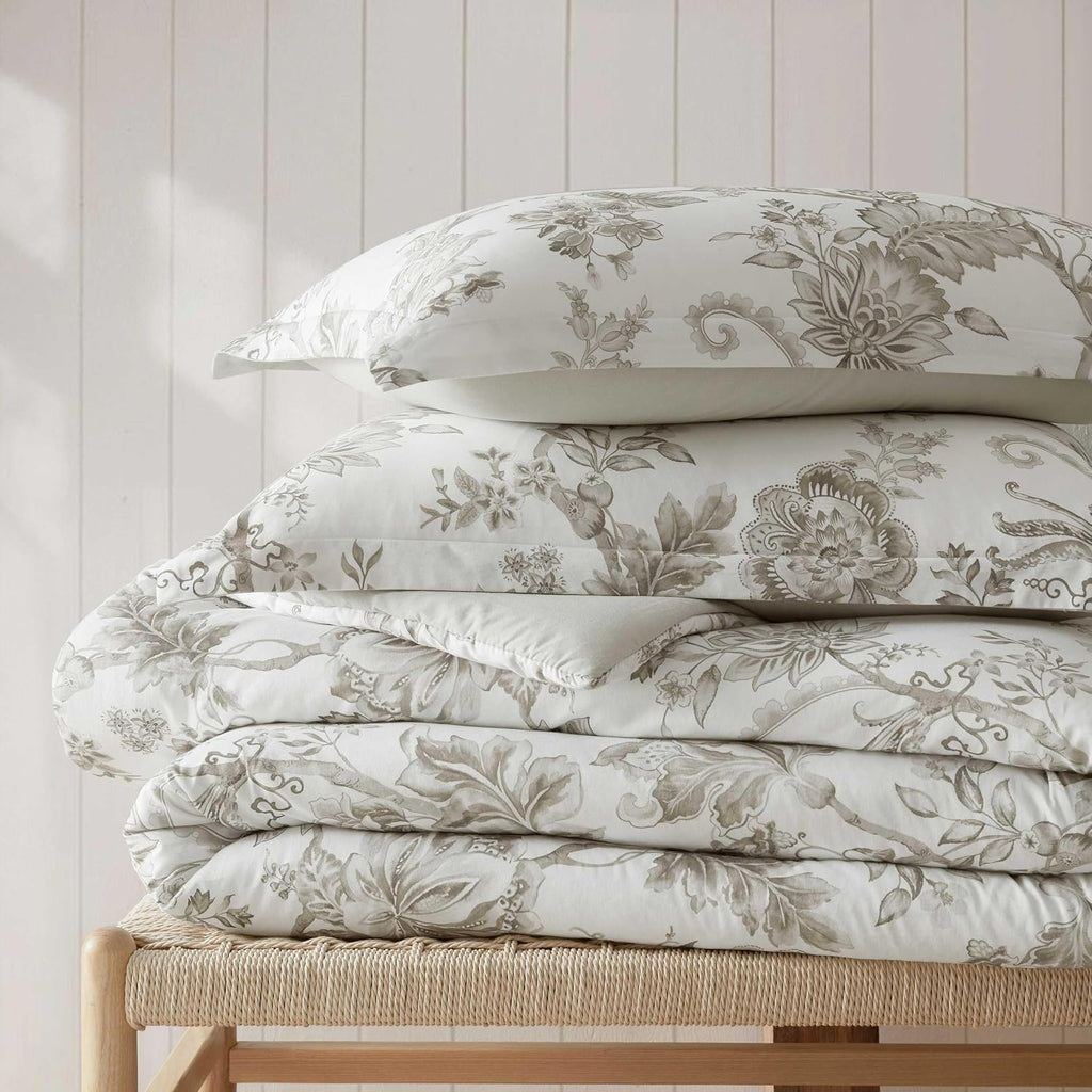 Martha Stewart - Twin Comforter Set, Smooth Sateen Front with Subtle Sheen & Lightweight Cotton Percale Reverse, 2 Piece Bed Set with Matching Pillowcase (Avery Floral Grey)