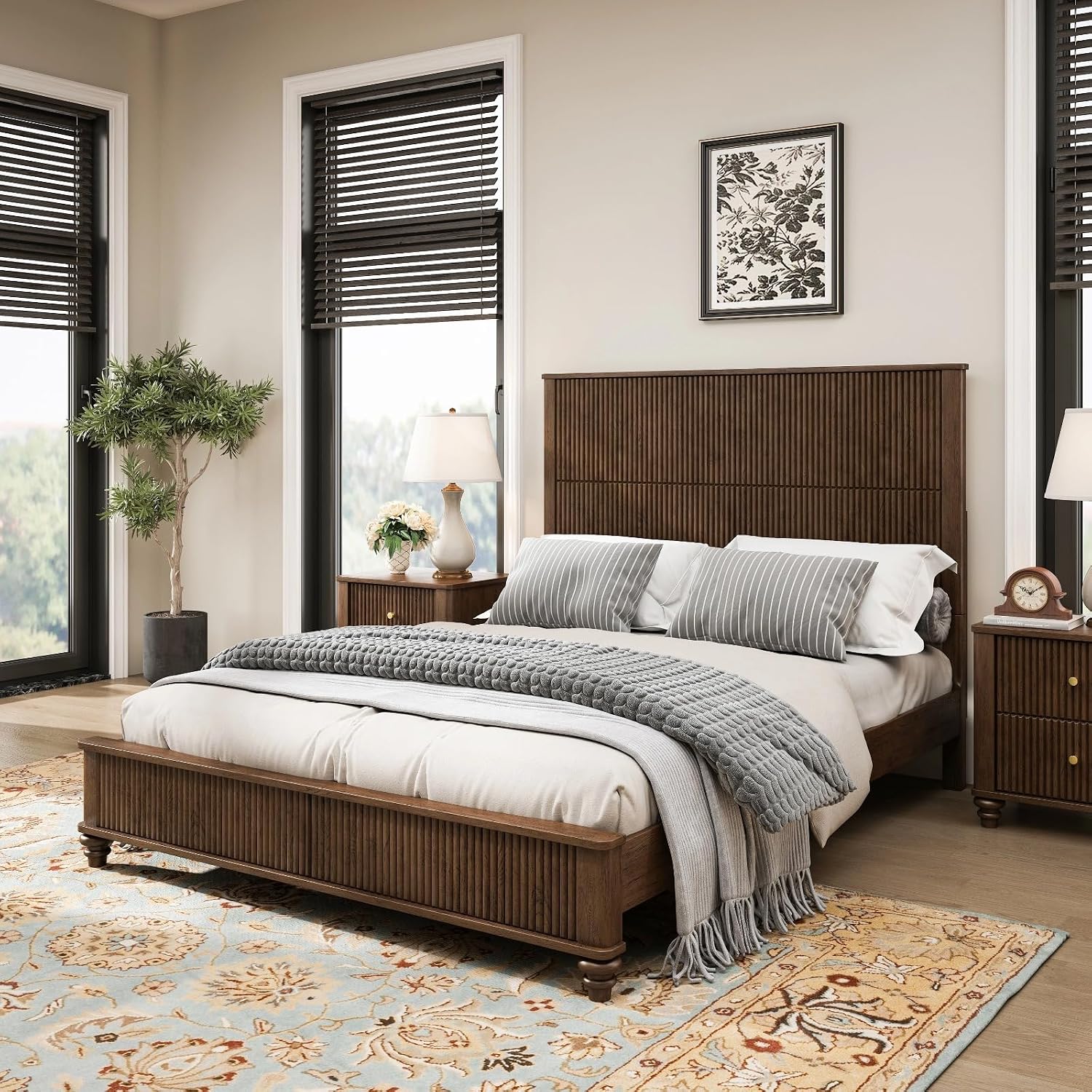Solid Wood Queen Platform Bed Frame with Headboard, Tall Walnut Finish, No Box Spring Needed, Durable Slat Support for Memory Foam Mattresses, Elegant Design (Walnut, Queen)