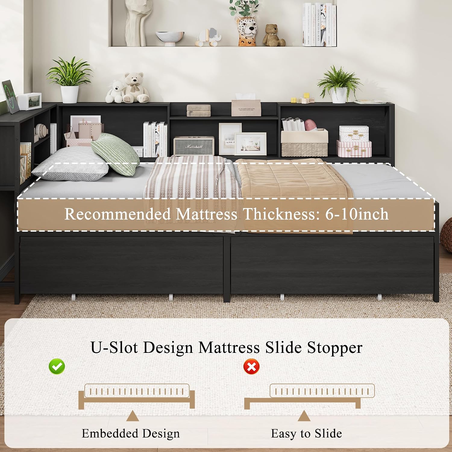 Corner Bed Frame with High Footboard Design, Twin Size Bed Frame with 2 Storage Drawers and 8 Bookcases, Twin Size Daybed with Charging Station for Kids Teens