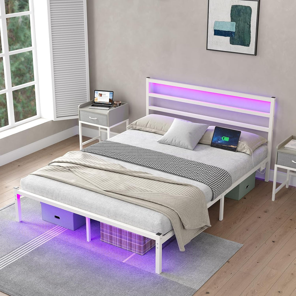 CollaredEagle Full Size Bed Frame with Headboard, Metal Platform Bed Frame with LED, Charging Station, No Box Spring Needed, Easy Assembly, Noise Free, White