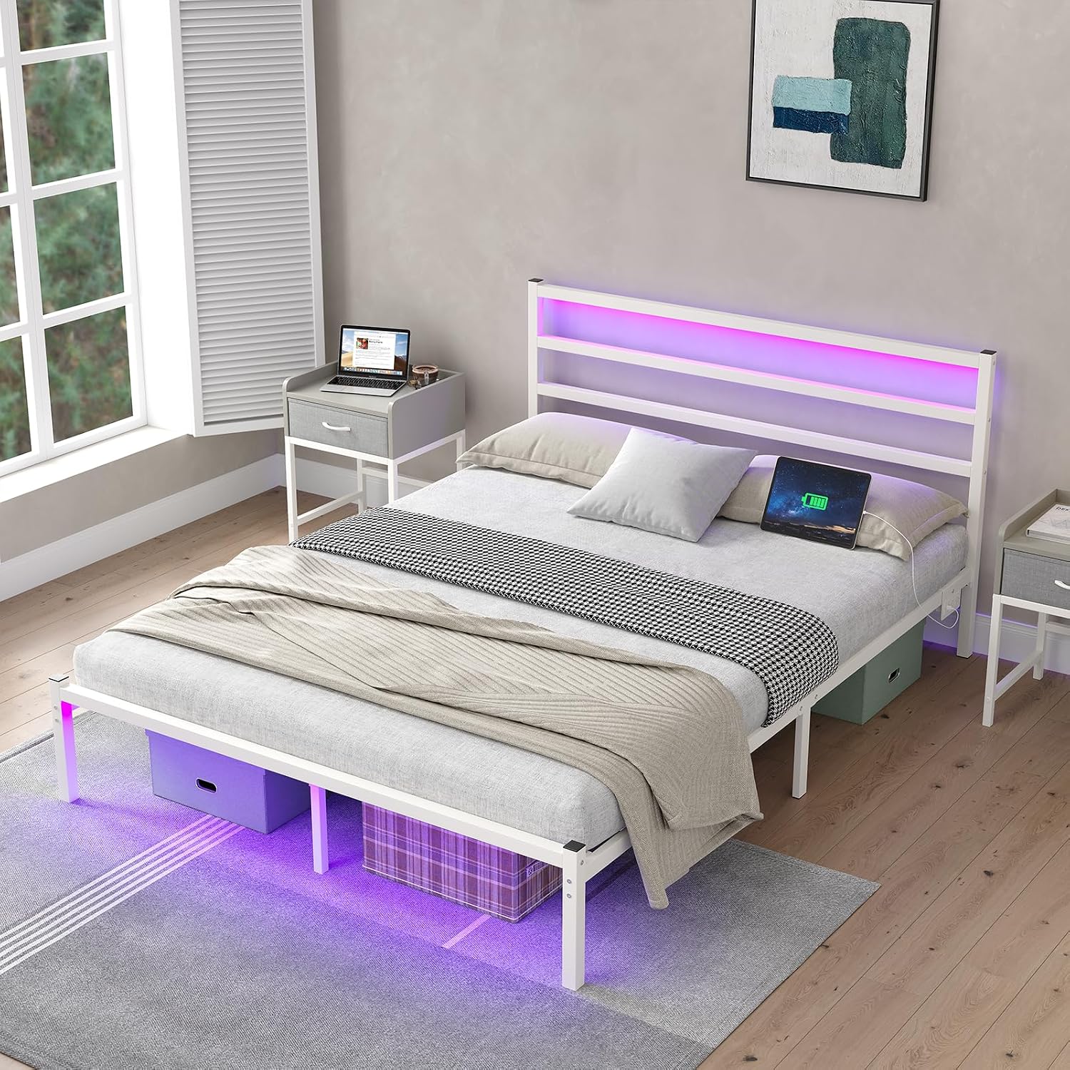 CollaredEagle Full Size Bed Frame with Headboard, Metal Platform Bed Frame with LED, Charging Station, No Box Spring Needed, Easy Assembly, Noise Free, White