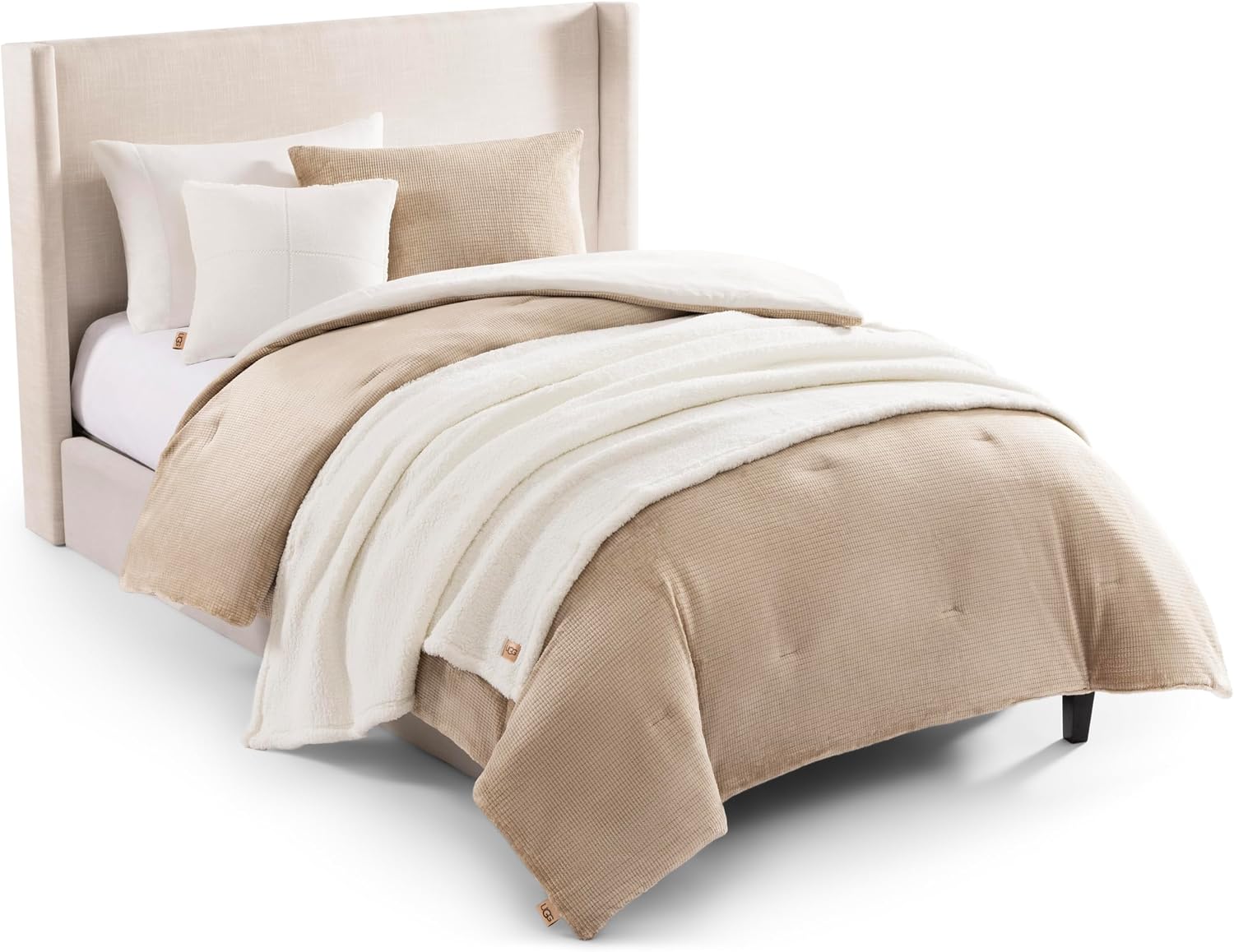 UGG Remina Twin Comforter Set 4 Piece Bed in a Bag with Throw Blanket, Decorative Pillow Sham and Reversible Comforter Hypoallergenic Washable College Dorm Bedding, Twin XL, Brown Birch