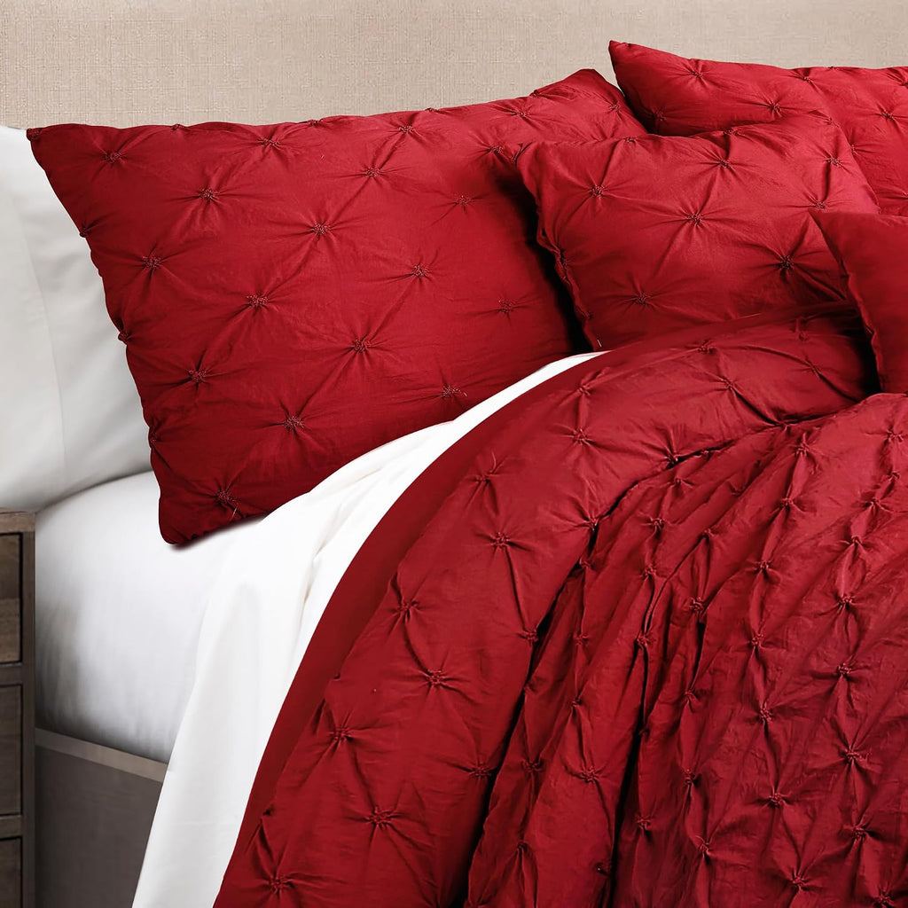 Lush Decor Ravello Pintuck Comforter Set - Luxe 5 Piece Textured Bedding Set - Traditional Glam & Farmhouse Inspired Bedroom Decor - King, Red