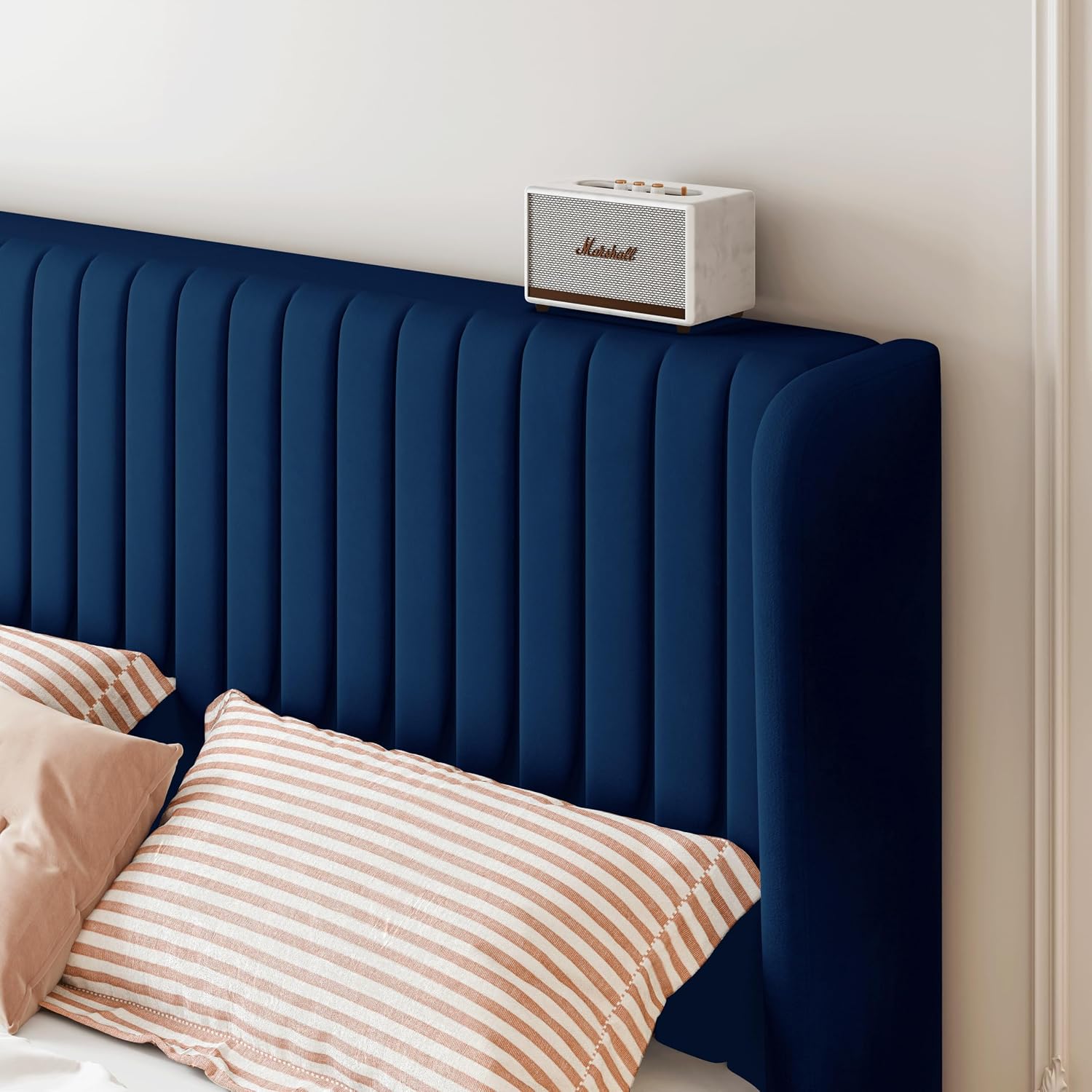 SHA CERLIN Queen Size Velvet Bed Frame with Vertical Channel Tufted Wingback Headboard, Upholstered Platform Bed with Wood Slats, No Box Spring Needed, Easy Assembly, Blue