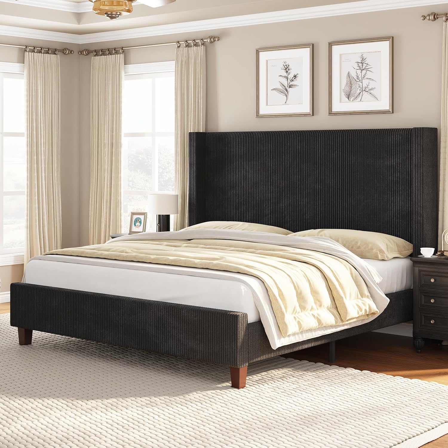 VanAcc King Size Platform Bed Frame, 50.8' Corduroy Upholstered Bed with Vertical Channel Tufted Headboard/Wooden Slats/Wingback/No Box Spring Required/Black