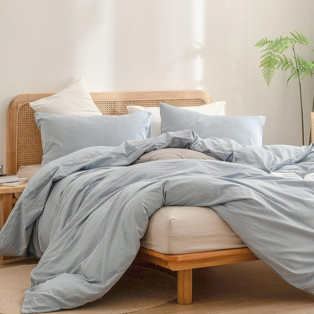 BESTOUCH Duvet Cover Set 100% Washed Cotton Linen Feel Super Soft Comfortable Chic Lightweight 3 PCs Home Bedding Set Solid Cornflower Blue Alaska King