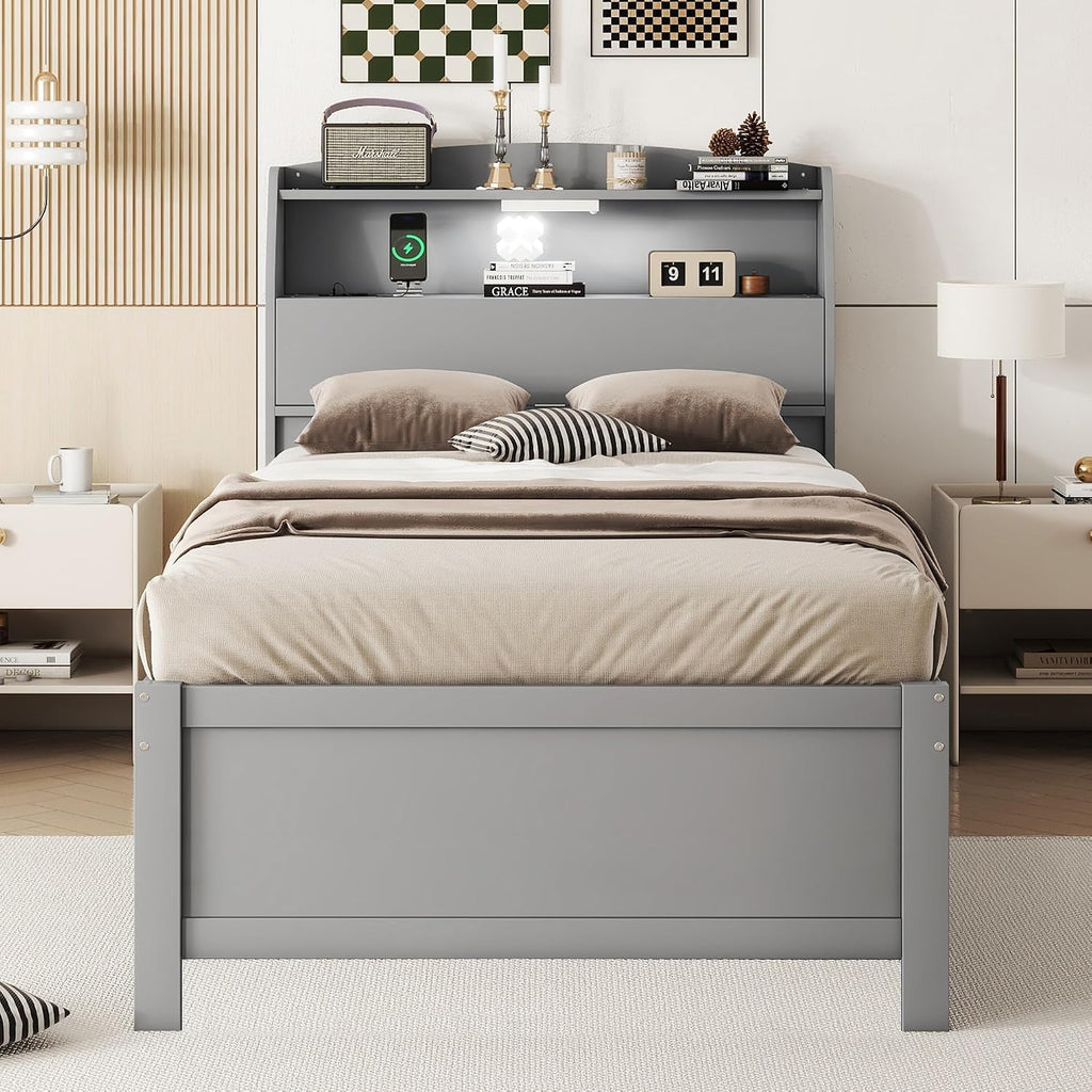 Bellemave Twin Size Wooden Platform Bed with Trundle & LED Storage Headboard - 3 Drawers, Wood Twin Captain Bed with USB Outlets and Hidden Flip-Up Compartment for Kids Teens Boys Girls (Gray)