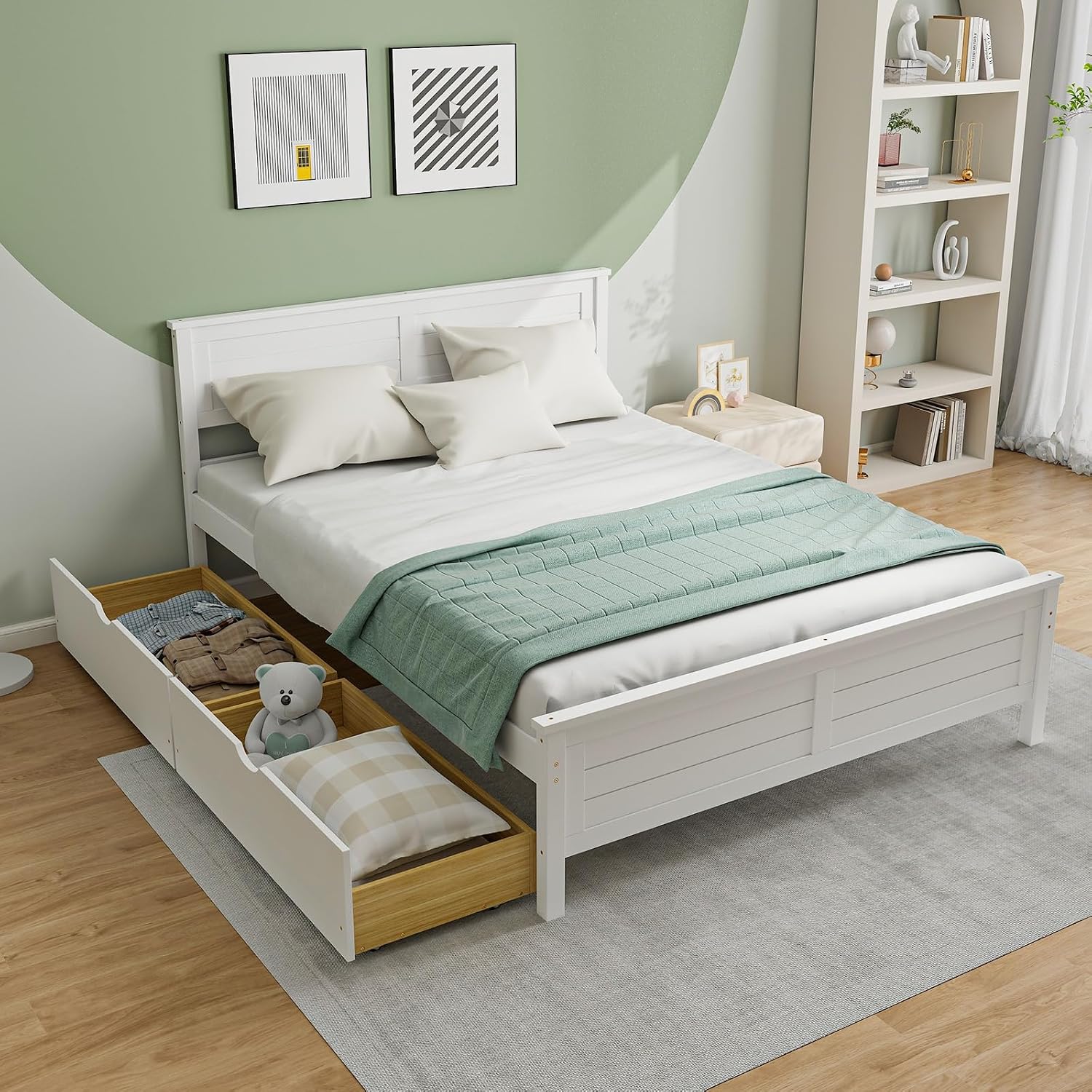Giantex Wood Full Size Bed Frame with 2 Storage Drawers, Solid Wood Platform Bed with Headboard, Wooden Slats Mattress Foundation, No Spring Needed, Full Bed Frame for Kids, Teens, Adults, White