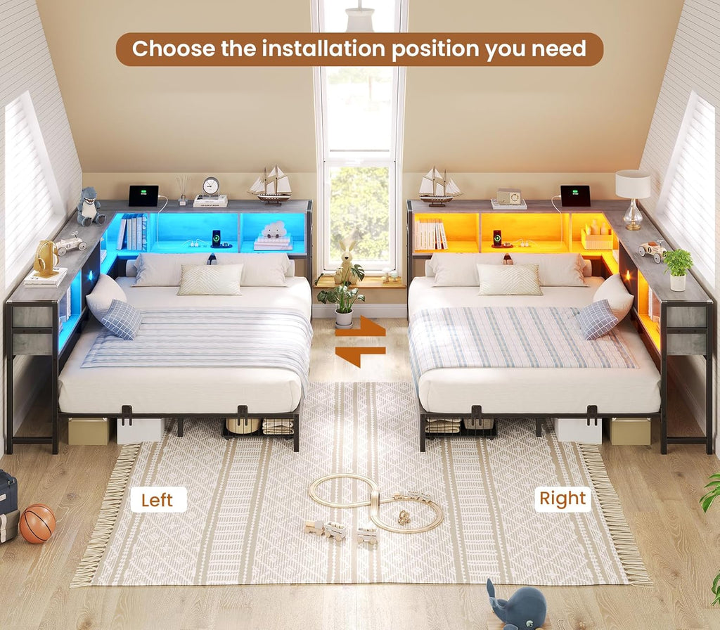 Hasuit Full Corner Bed Frame with Storage Drawers and Bookcase Headboard, Full Size Metal Platform Corner Bed Frame with Charging Station and LED Lights, Full Daybed for Kids Teens Guests, Oak Gray