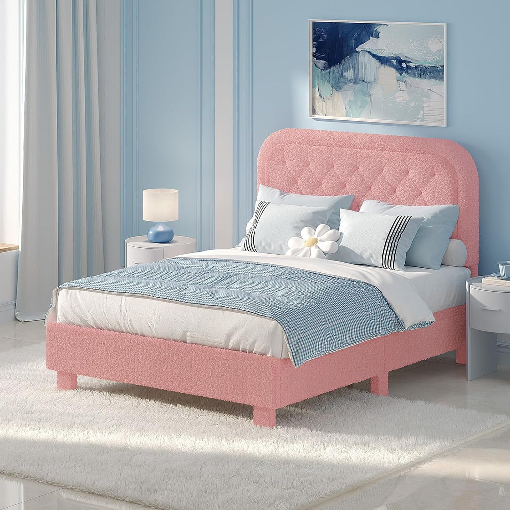 VINGLI Full Boucle Cloud Bed Frame with Headboard,Upholstered Soft Bed with Wood Sturdy Slats Support, Rounded Corners,Modern Cream Style,Easy Assembly, Pink