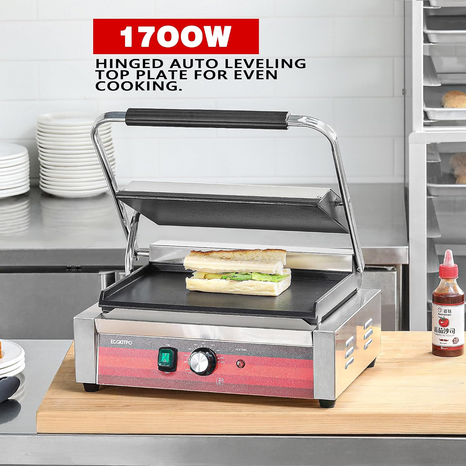 EGGKITPO Commercial Electric Panini Grill with Flat Plates Stainless Steel Sandwich Maker 14'× 9.5' Cast Iron Enamel Plate Countertop Panini Press with Temperature Control for Business 110V 1700W