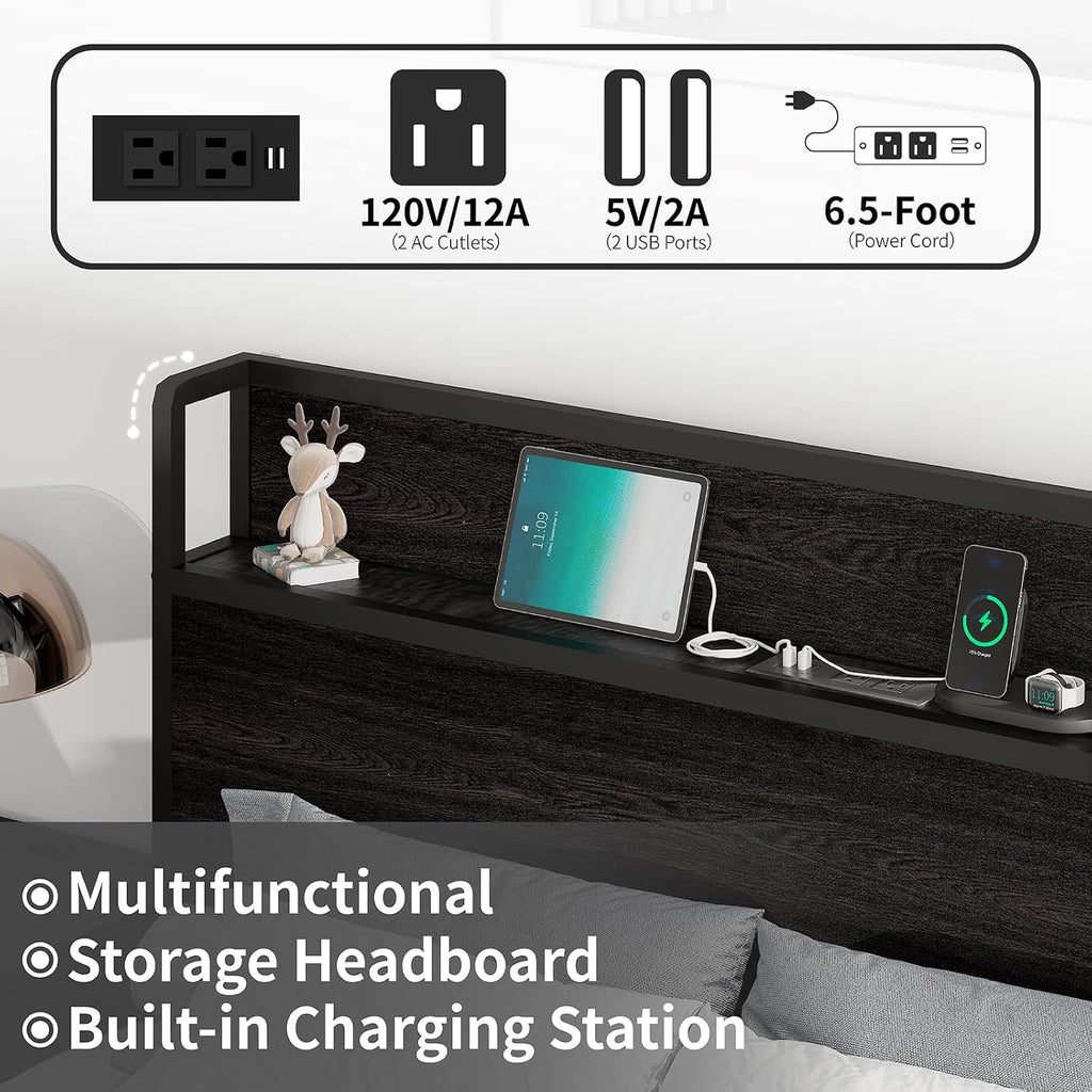 LUXOAK King Size Lift Up Storage Bed, Wood Platform Bed Frame with Storage Headboard & Charging Station, No Box Spring Needed, Easy Assembly, Black