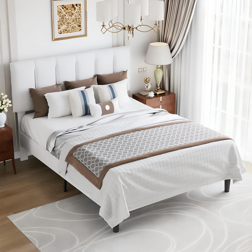 VECELO Queen Size Bed Frame with Upholstered Headboard, Heavy-Duty Bedframe with Wooden Slats & Steel Framework, Easy Assembly, Pure White