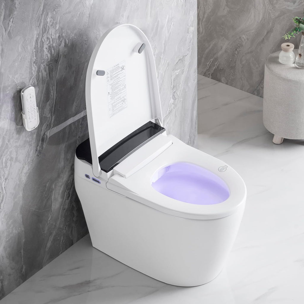 Elongated Smart Toilet with Elongated Heated Bidet Seat, Intelligent Toilet with Bidet Built in, Feet Sensor,Auto Open,Close Seat, Off Seating AUTO Flush, Night Light, Warm Water Dryer,White